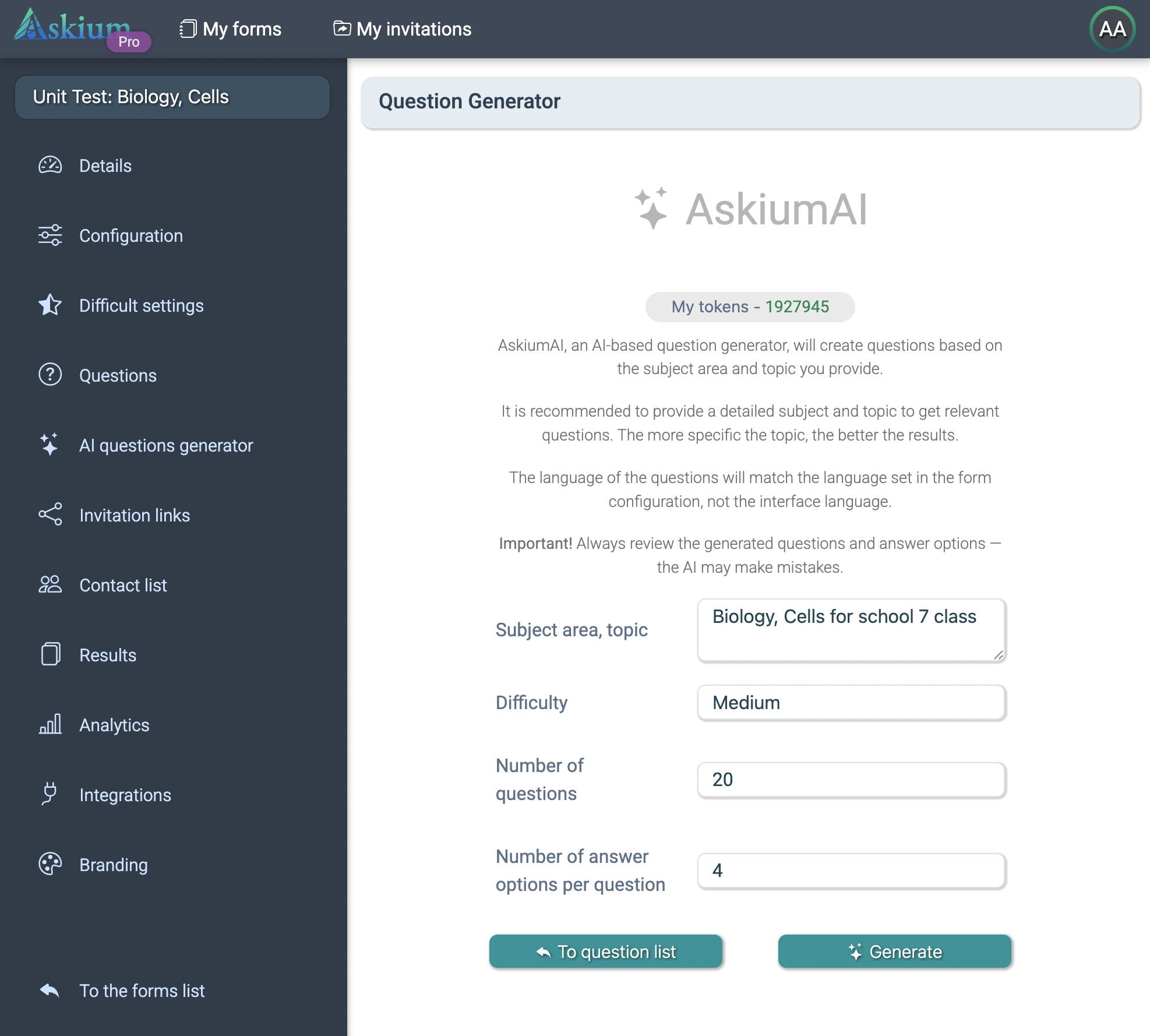 AskiumAI question generator screen