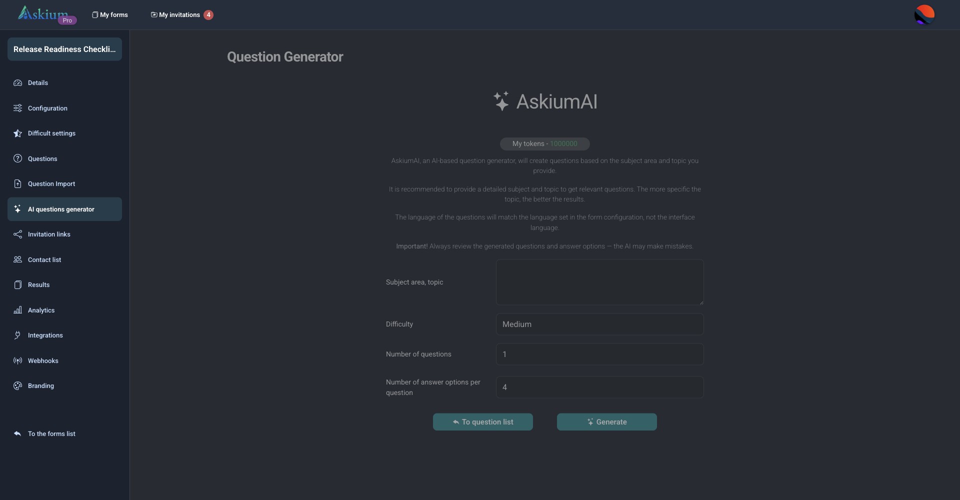 Askium AI question generator configuration