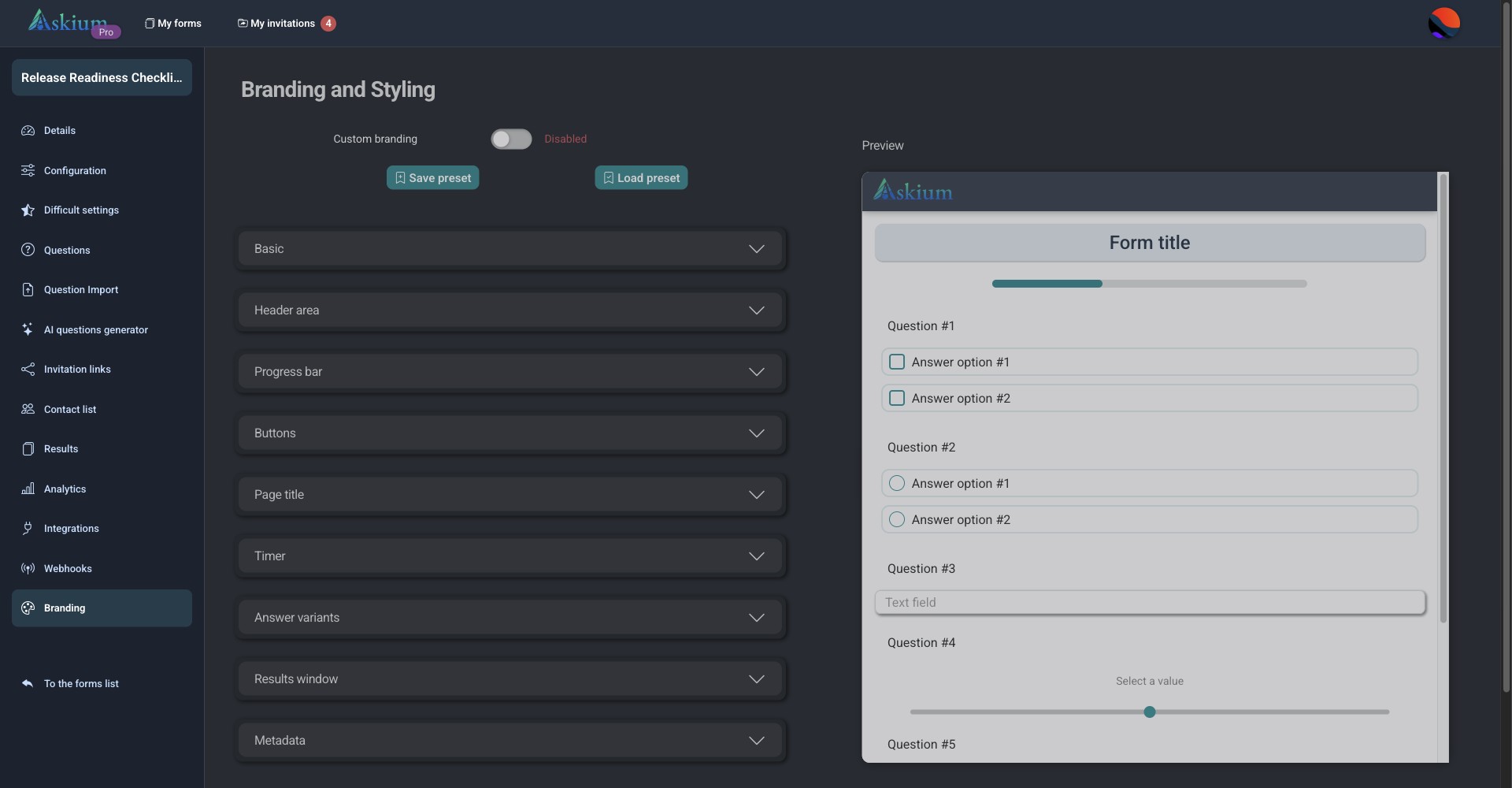 Askium participant form branding settings