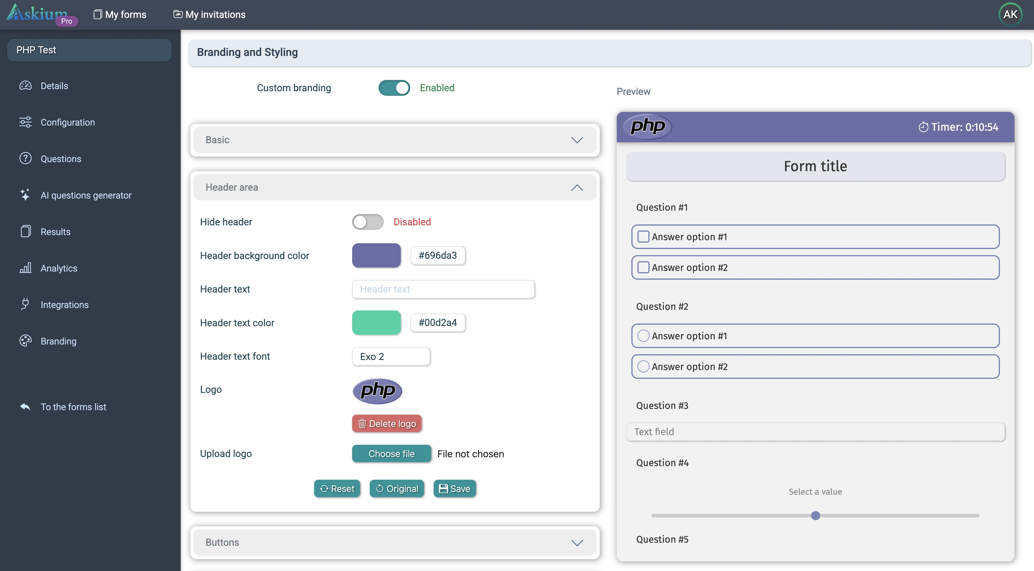 Askium branding configuration screen