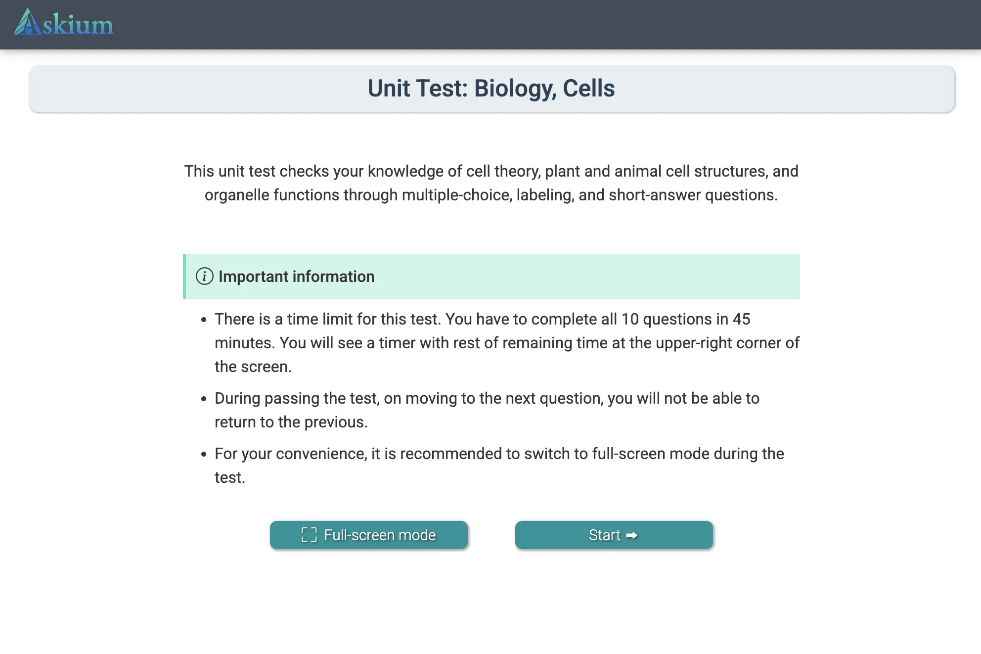 Askium participant exam introduction screen