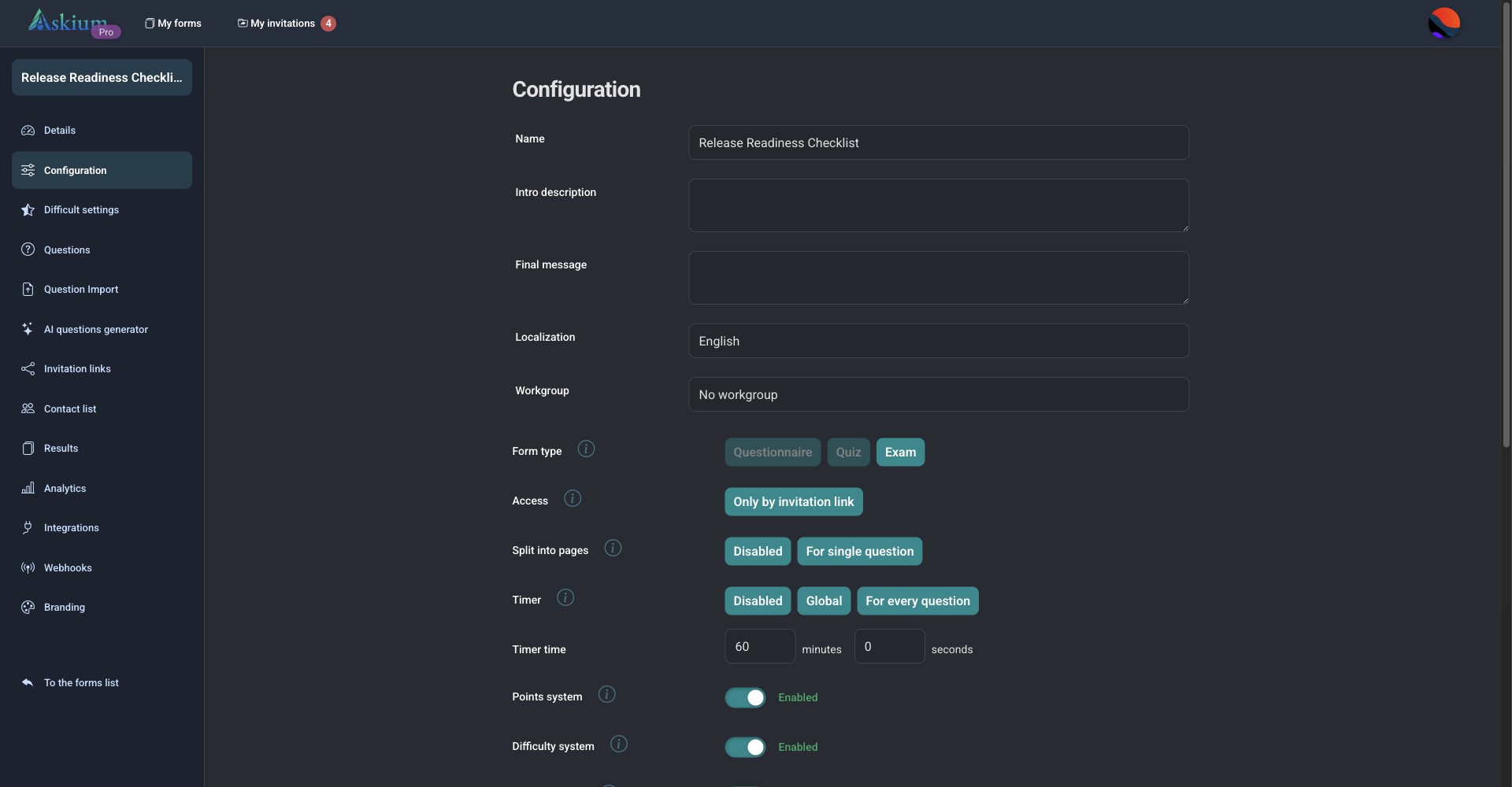 Askium demonstration form configuration