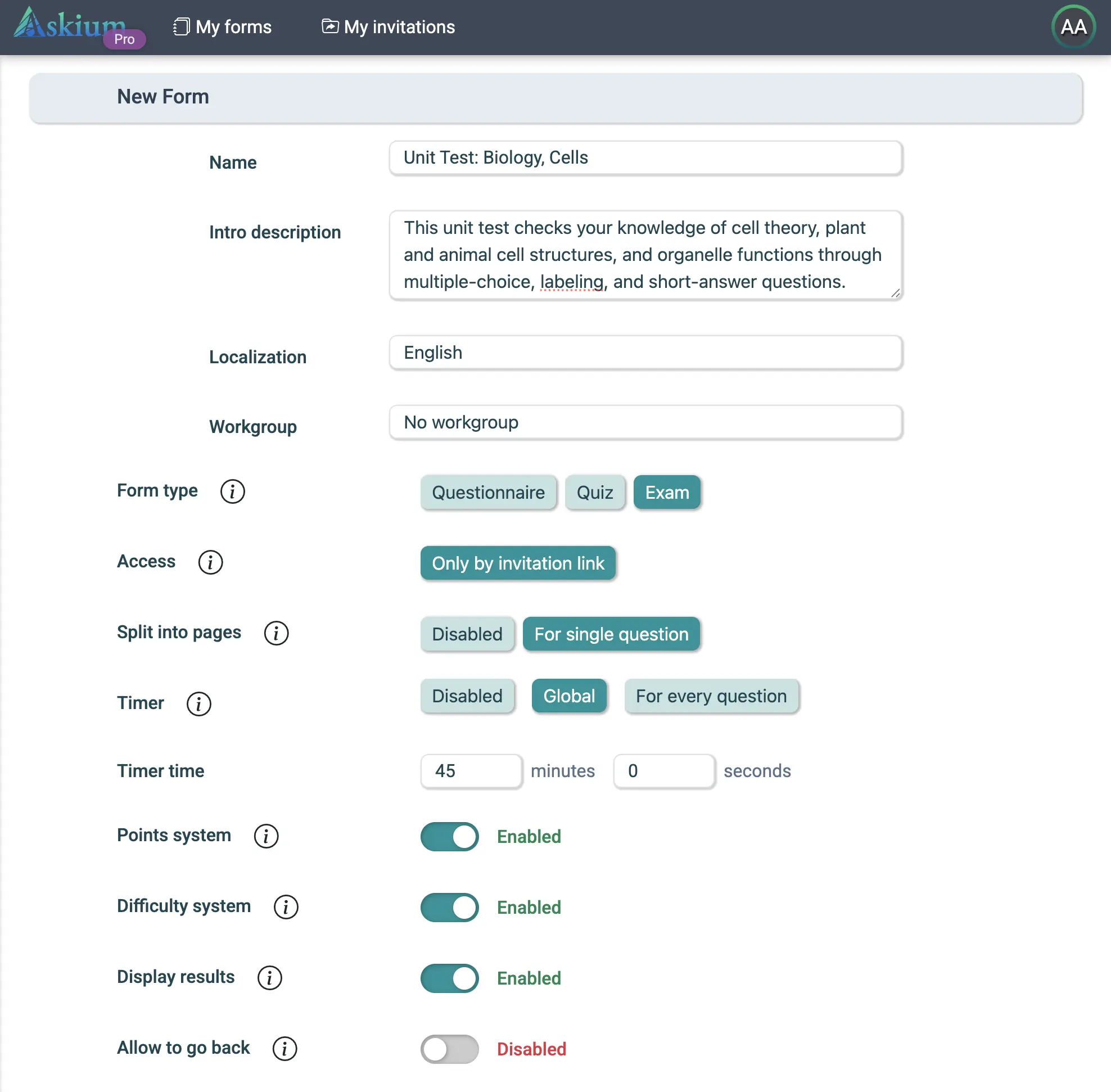 Askium form creation and configuration screen