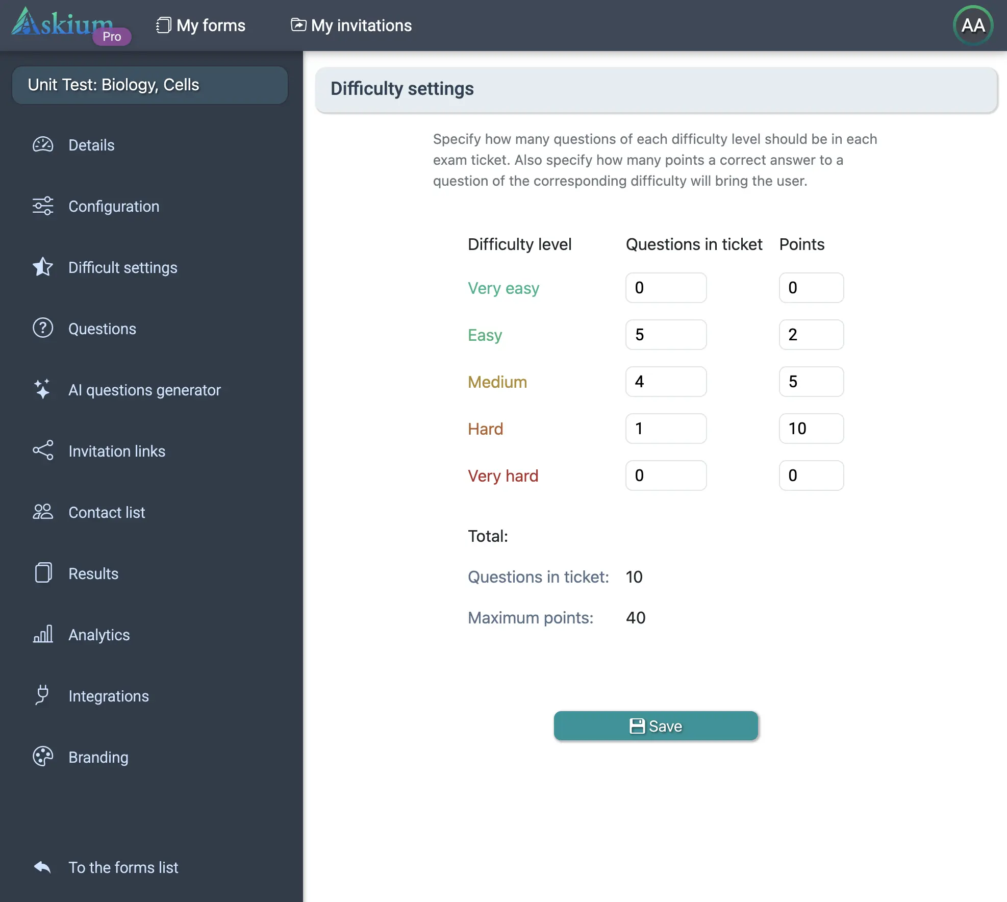 Askium exam difficulty settings screen
