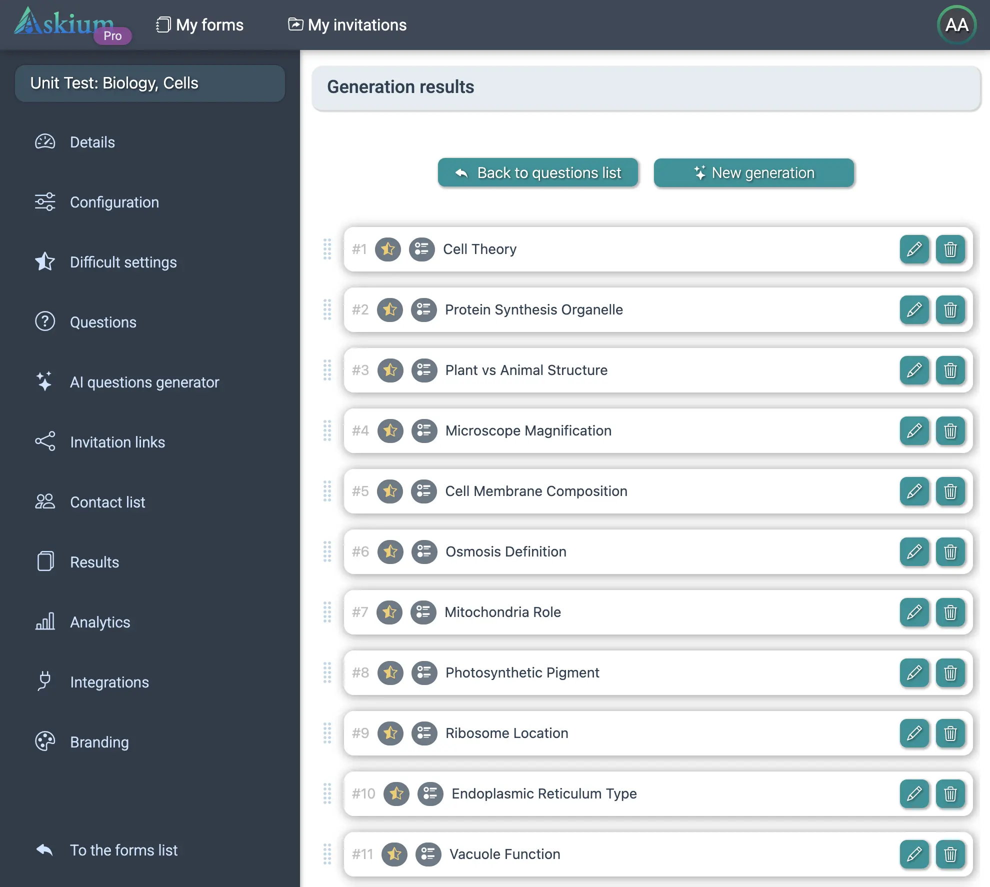 Askium generated questions review screen