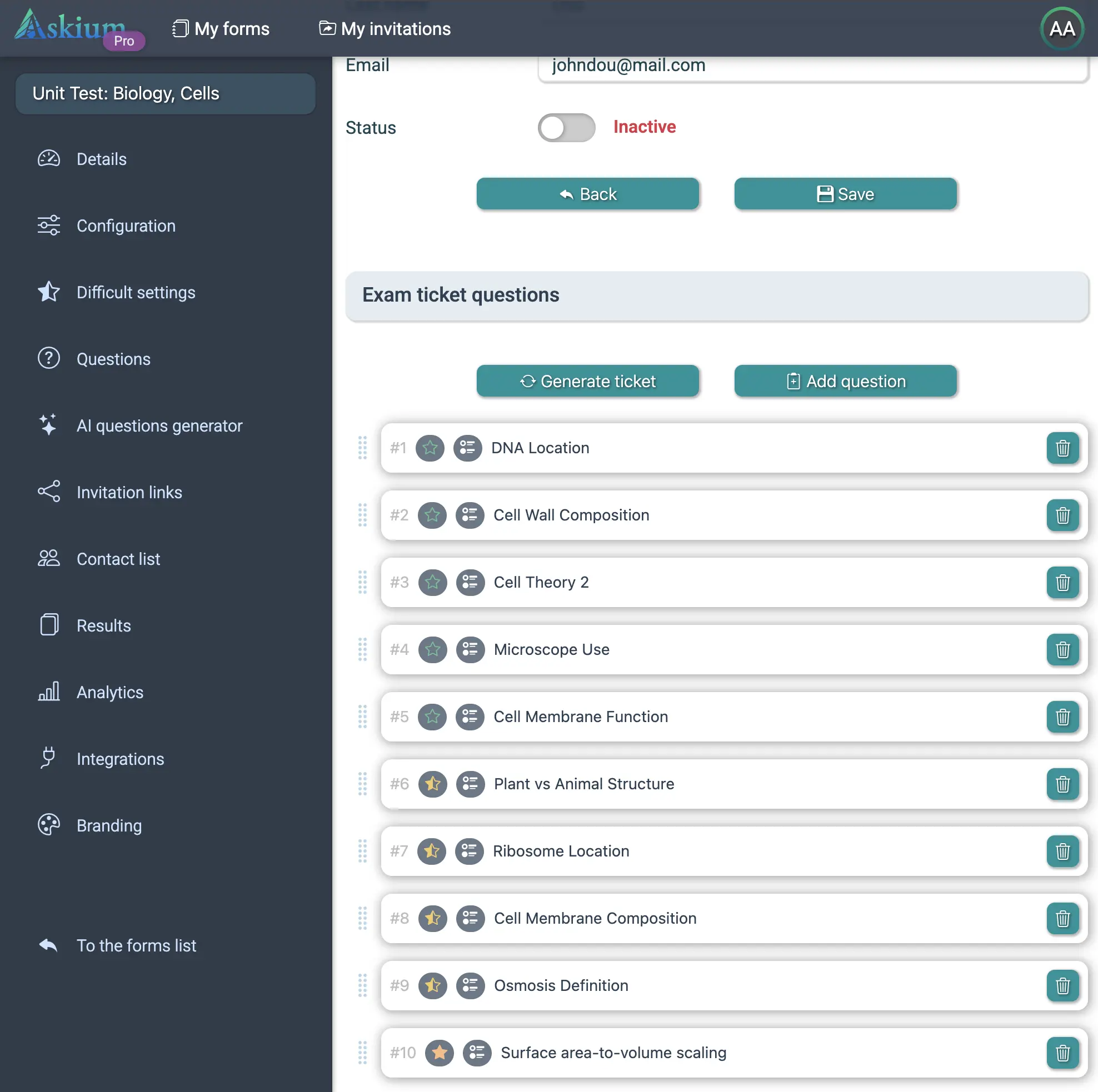 Askium generated exam ticket screen