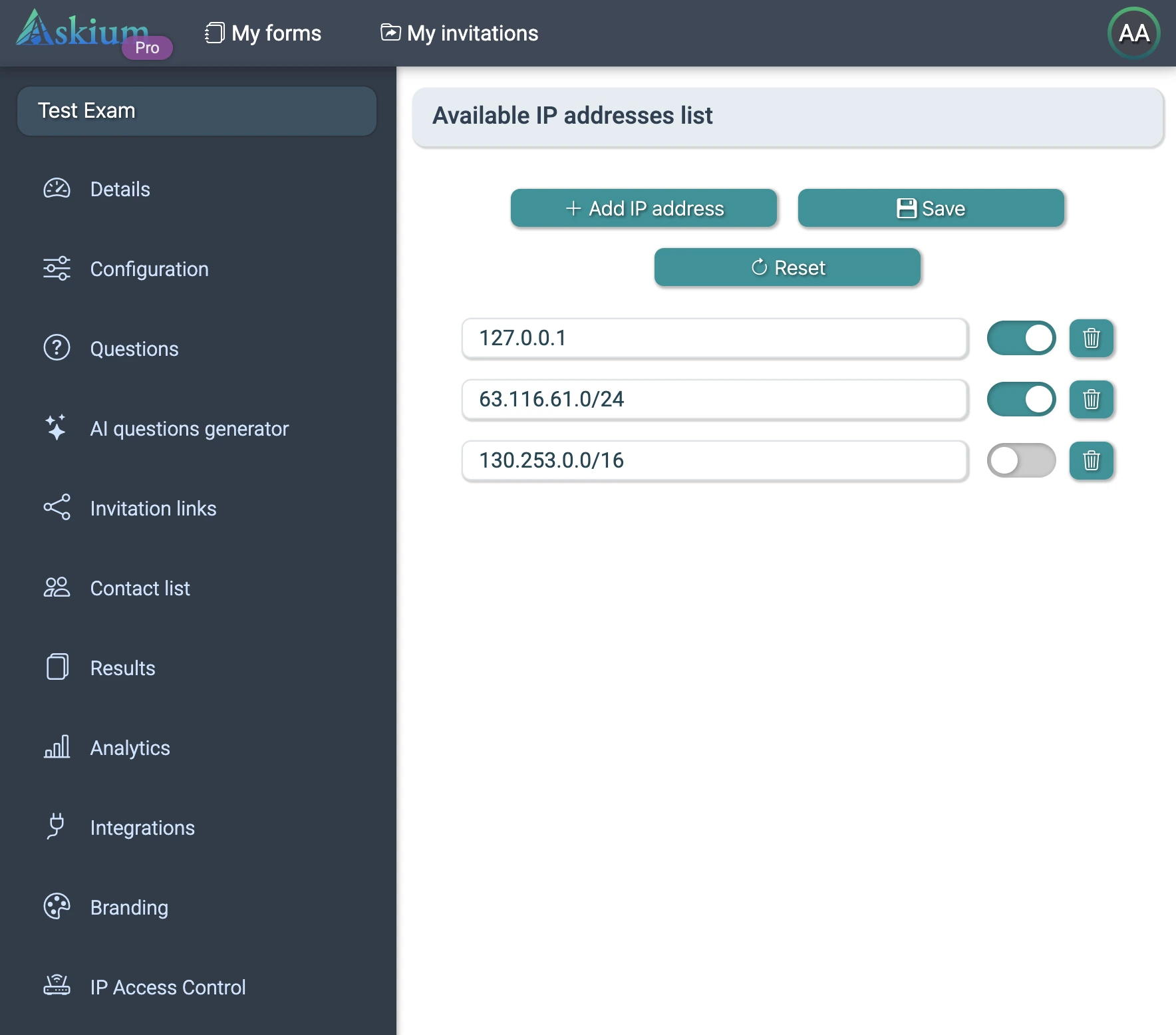 Askium IP access control screen