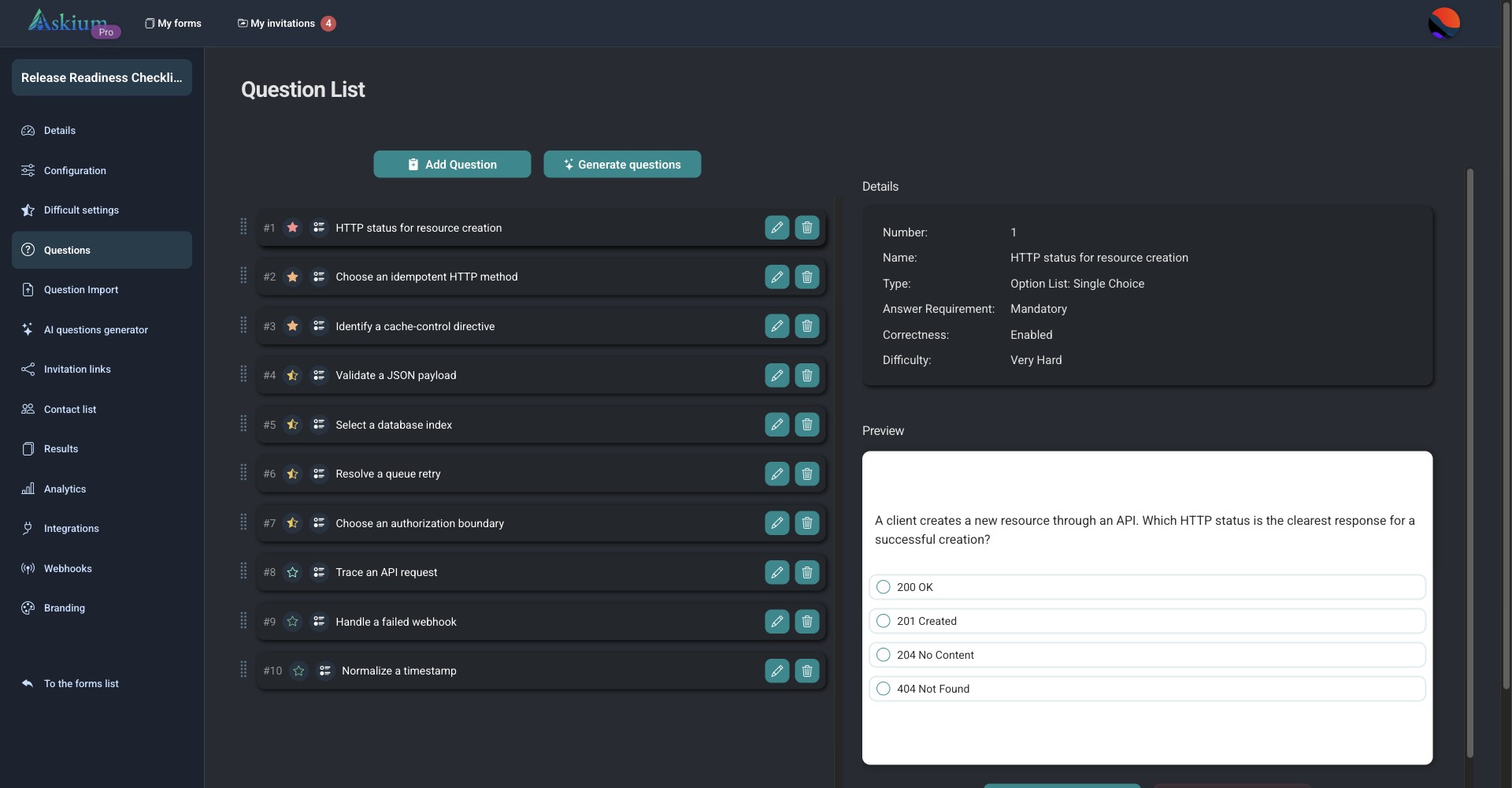 Askium question list for a demonstration API quiz