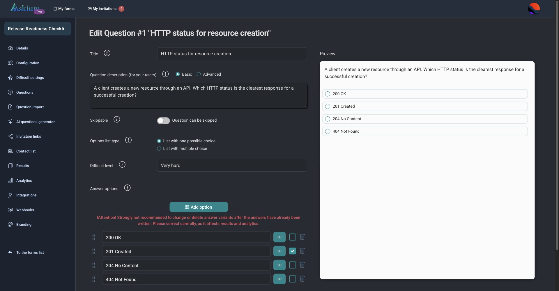 Askium question editor with a live participant preview