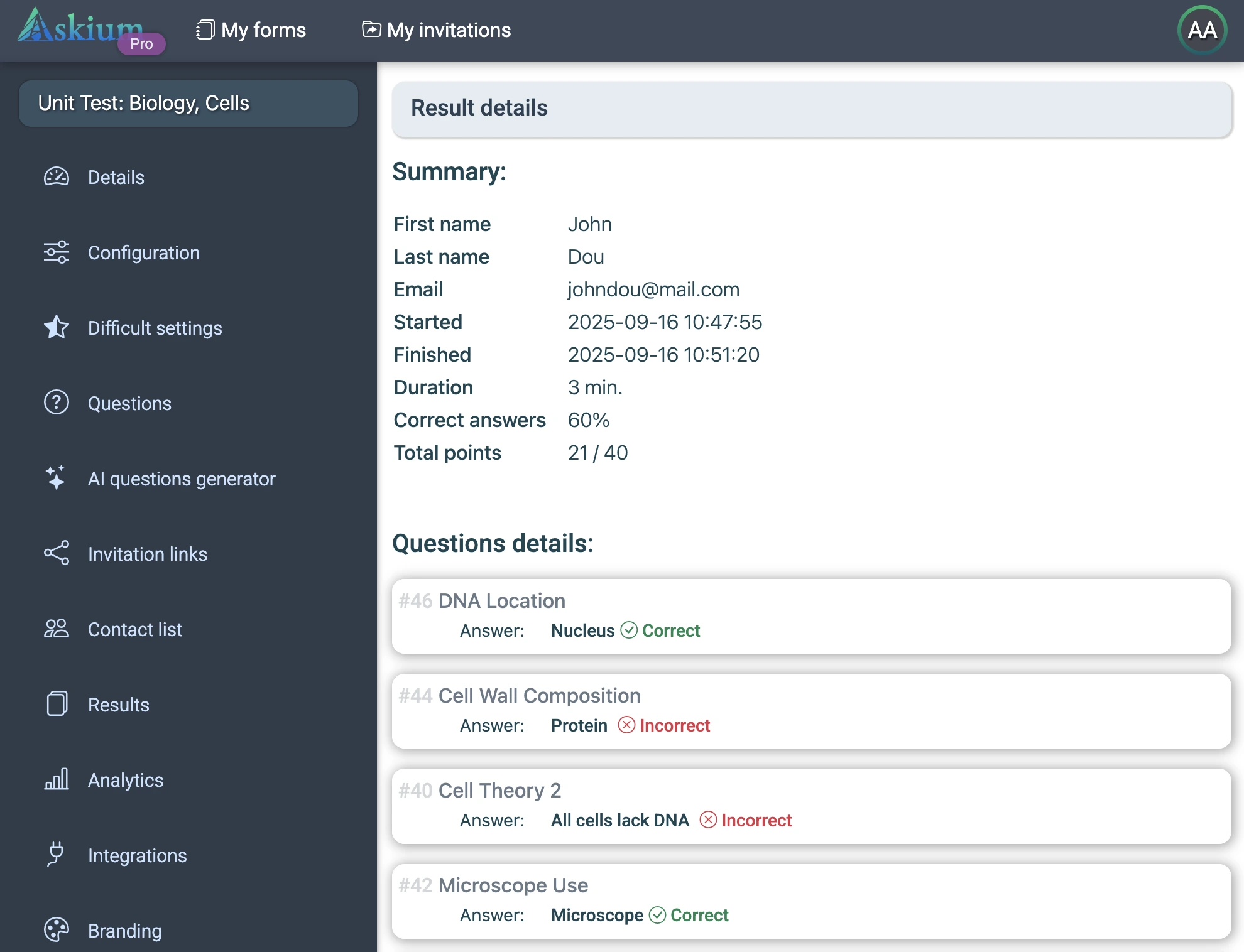 Askium result details screen