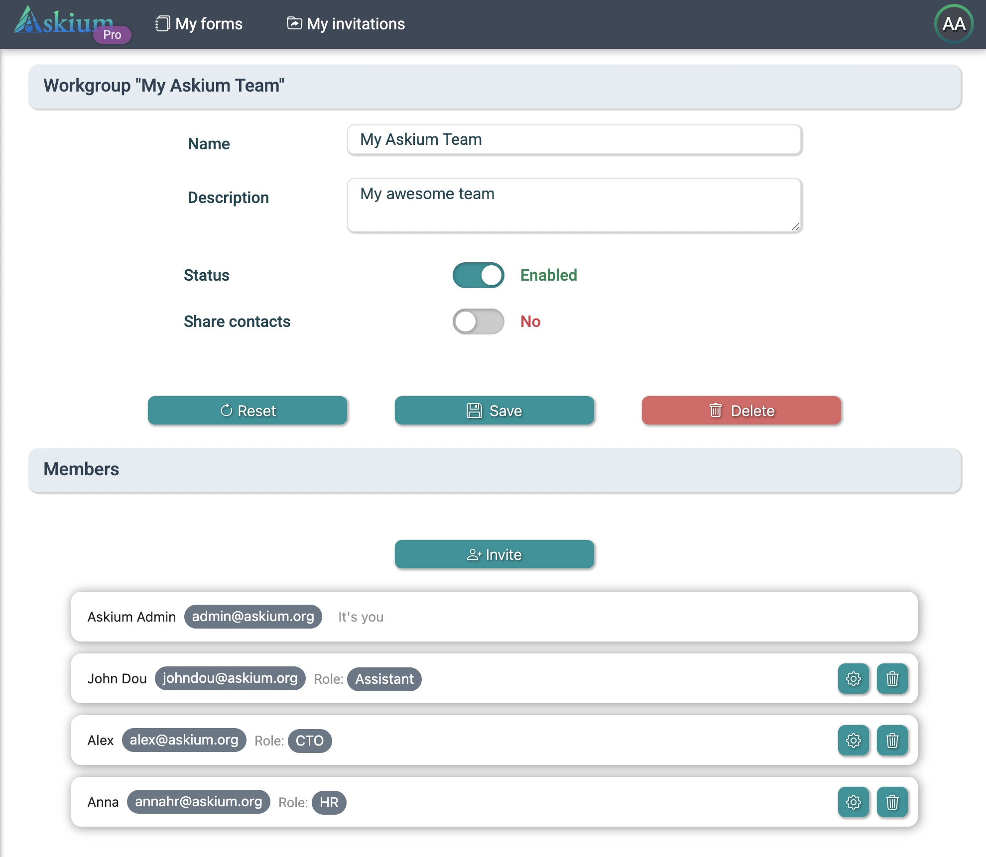 Askium workgroup management screen