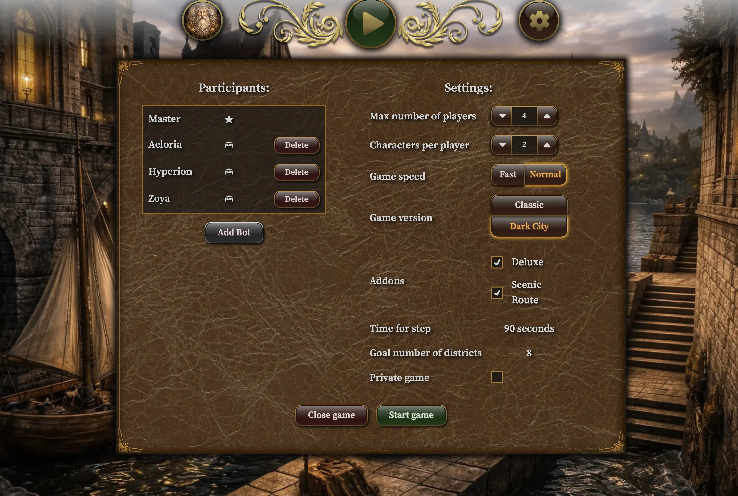 Citadels Online room setup screen