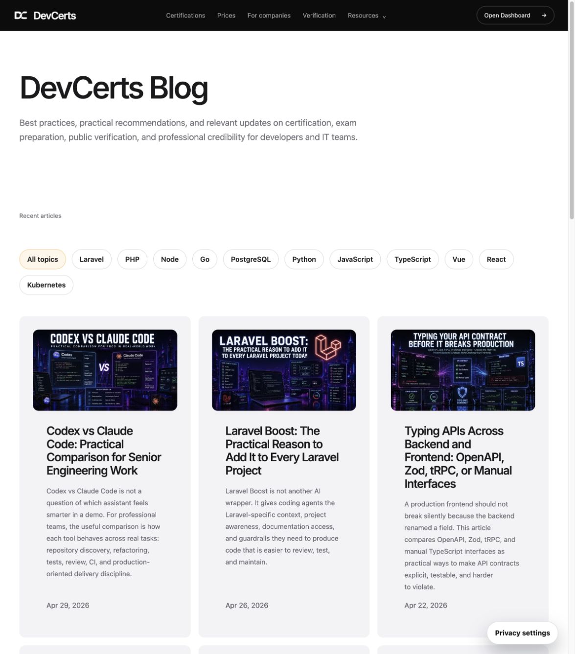 DevCerts blog with the updated logo and article cards