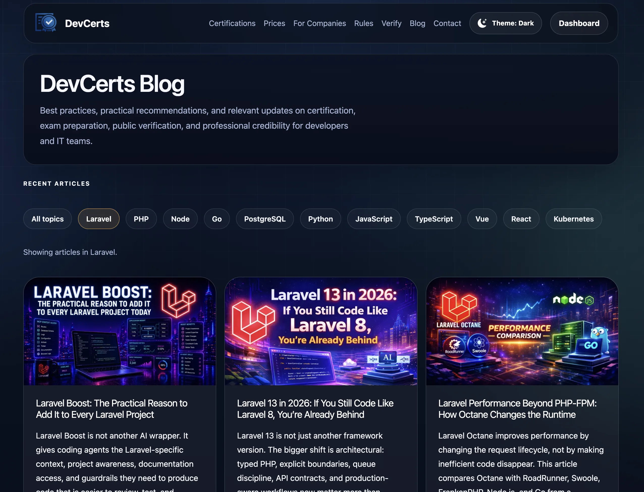 DevCerts blog index with technical certification articles