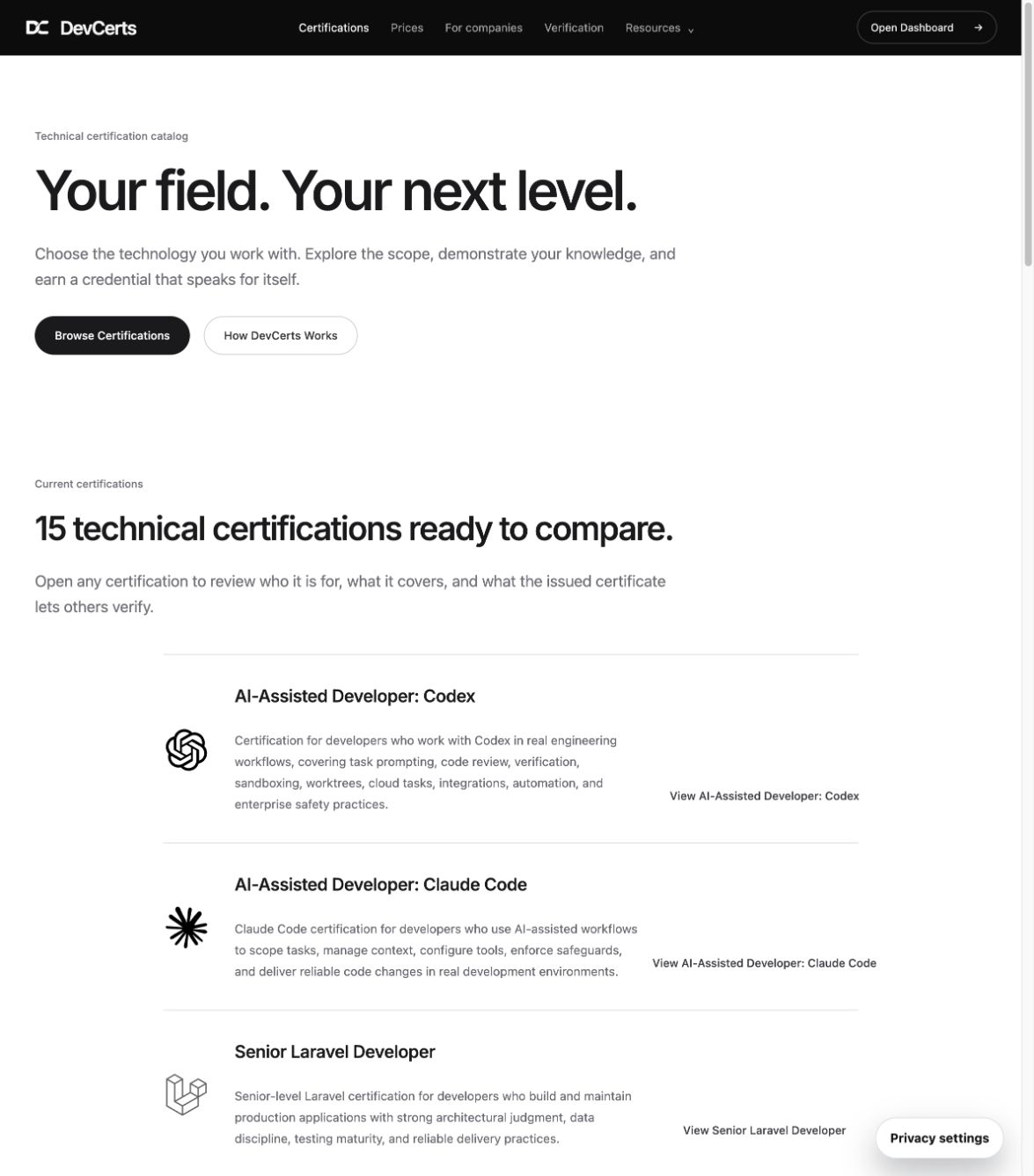 DevCerts public certification catalog