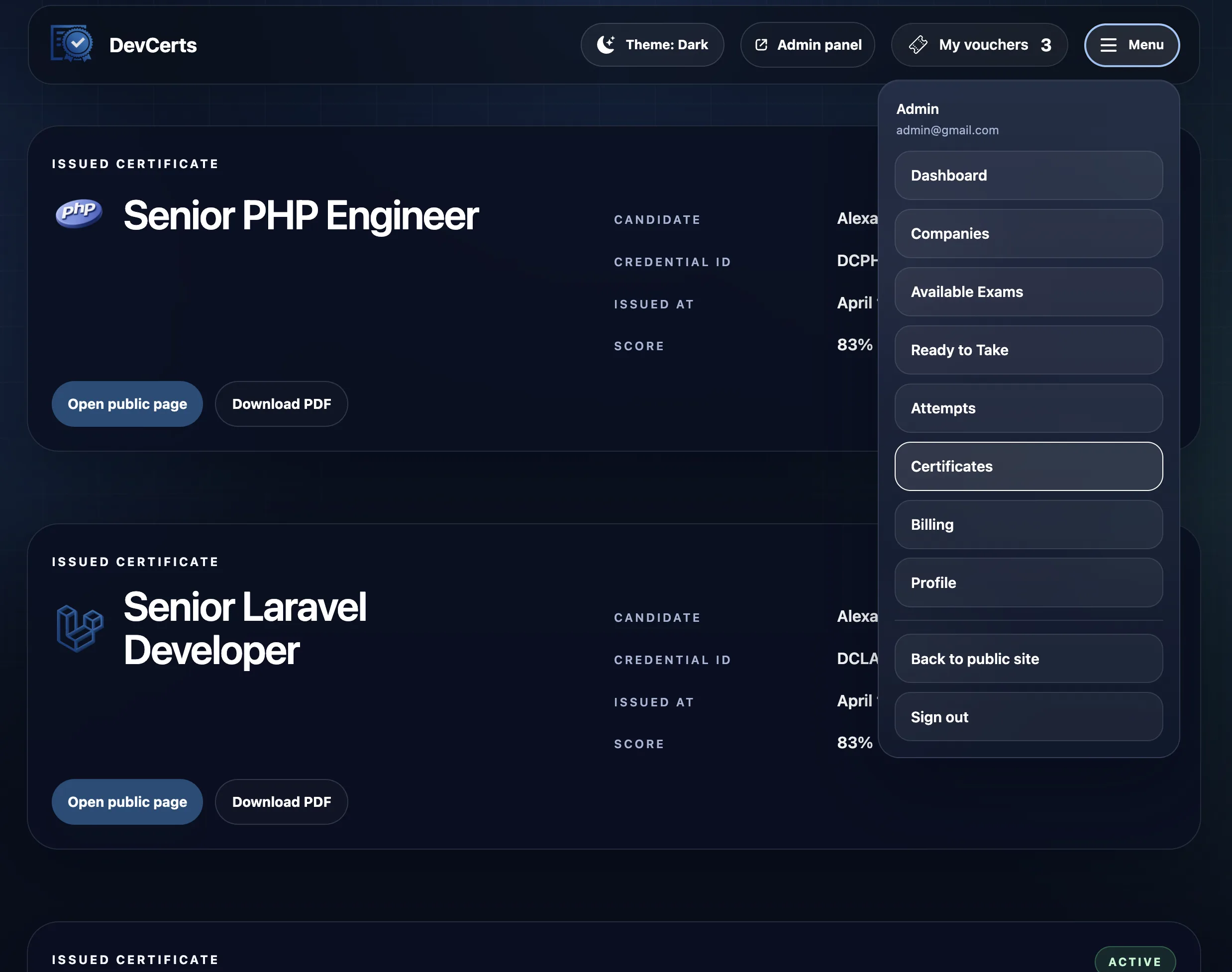 DevCerts issued certificates list and account menu