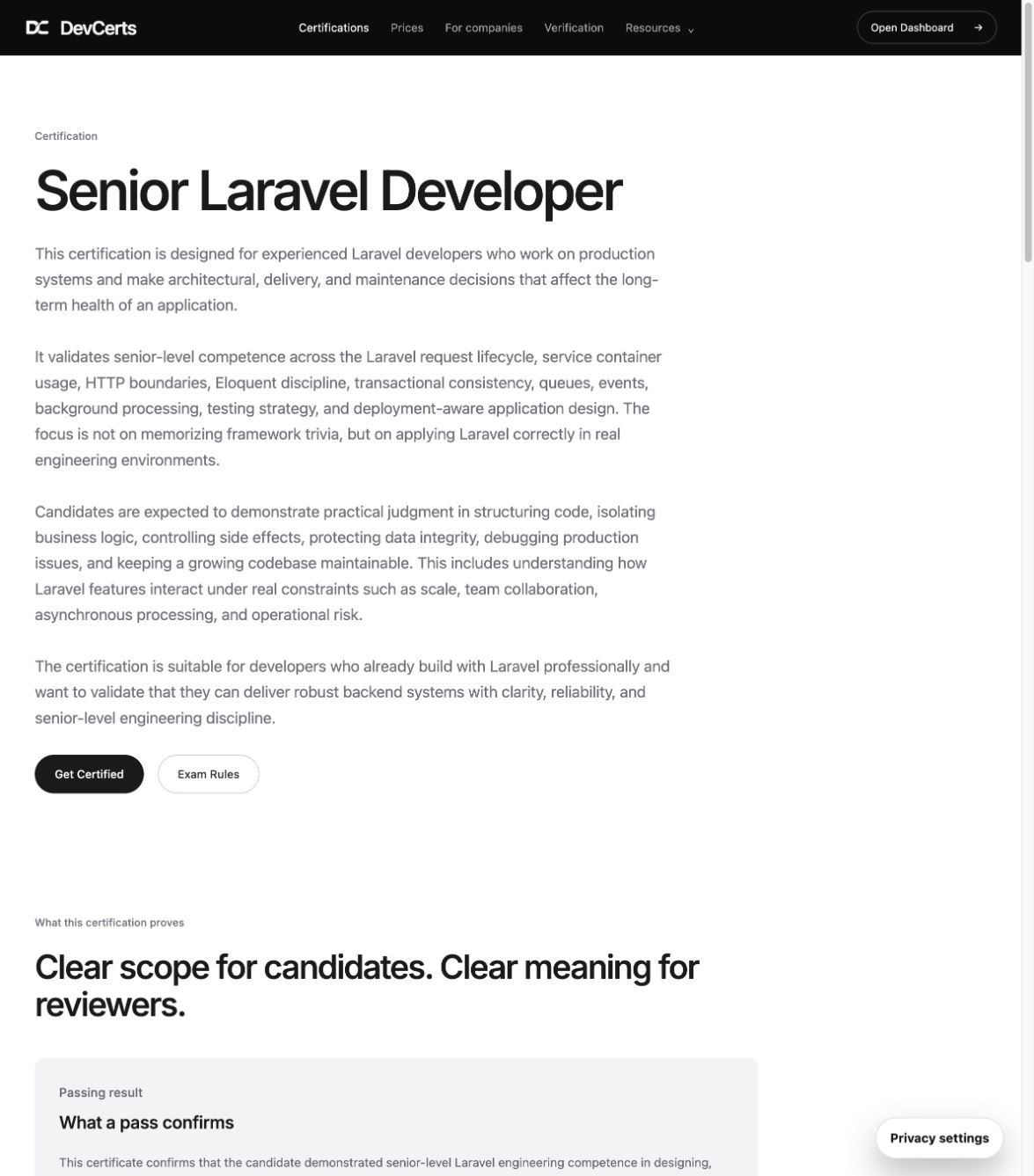 Senior Laravel Developer certification page