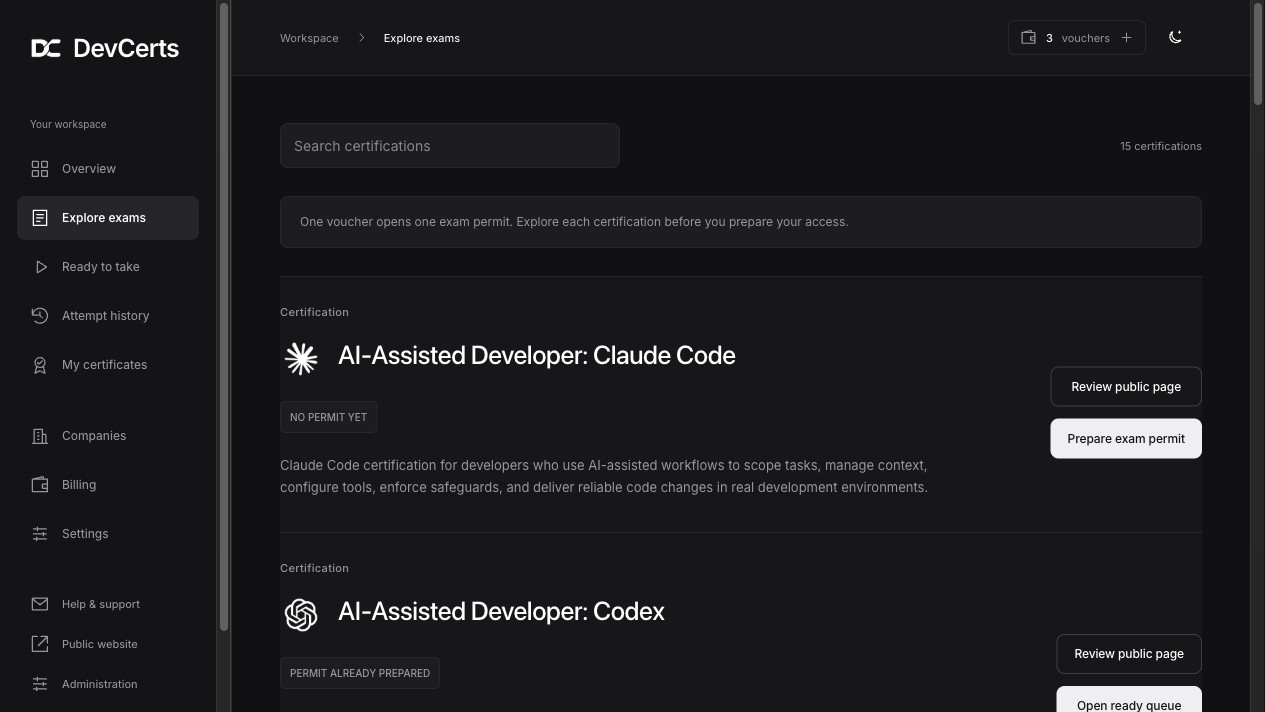 DevCerts exam selection in the candidate workspace