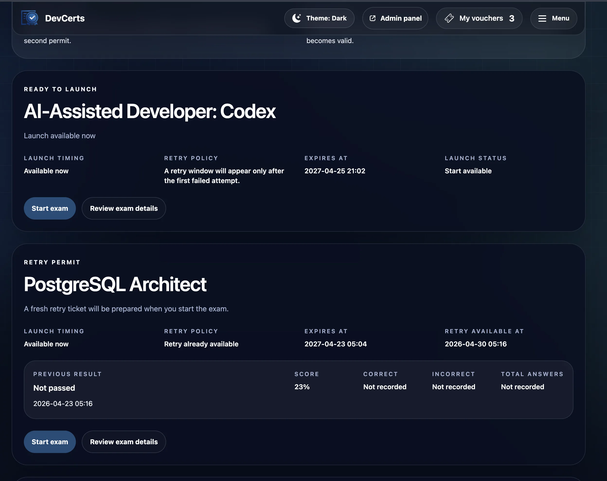 DevCerts exam permits screen with launch and retry states