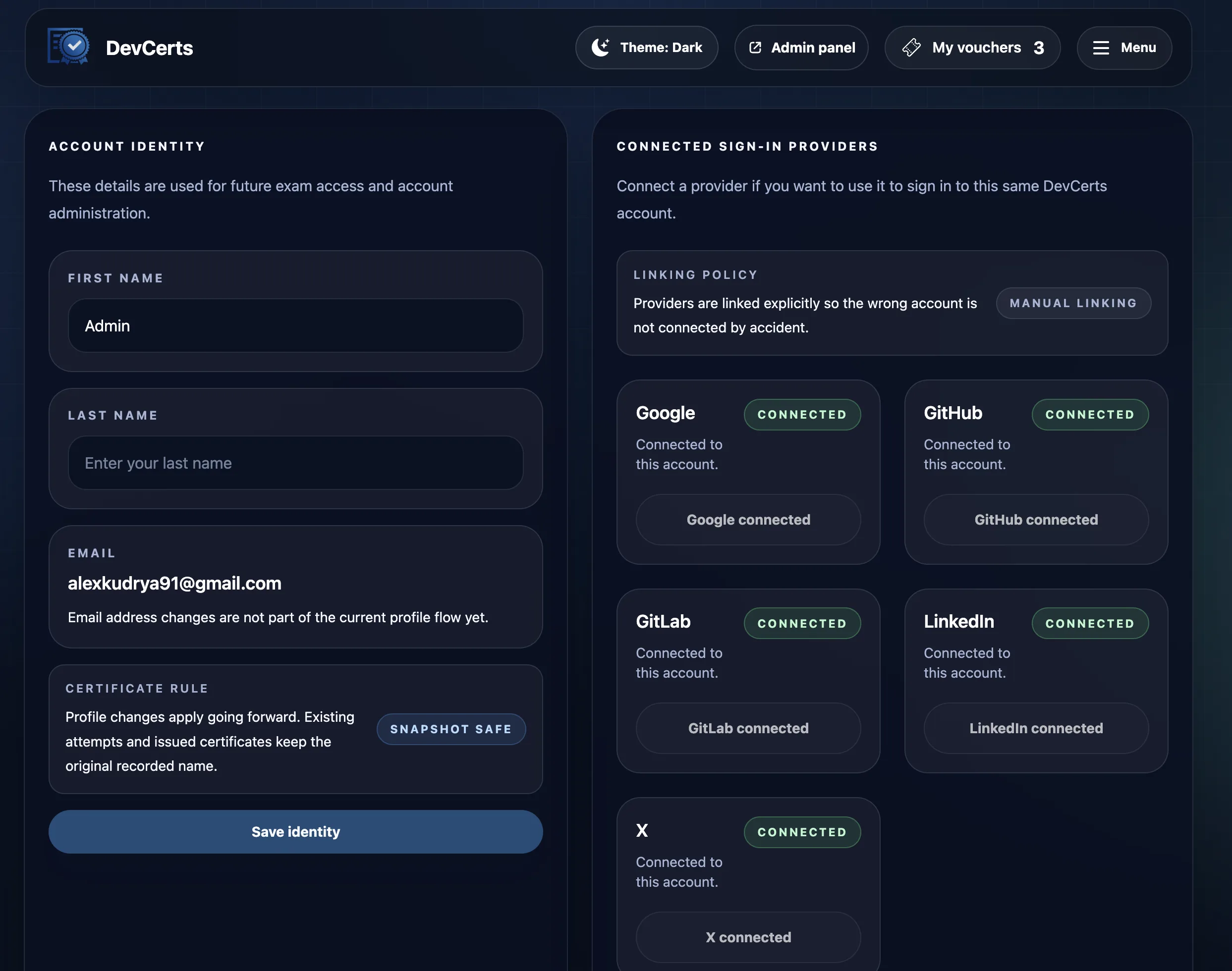 DevCerts profile and connected sign-in providers screen