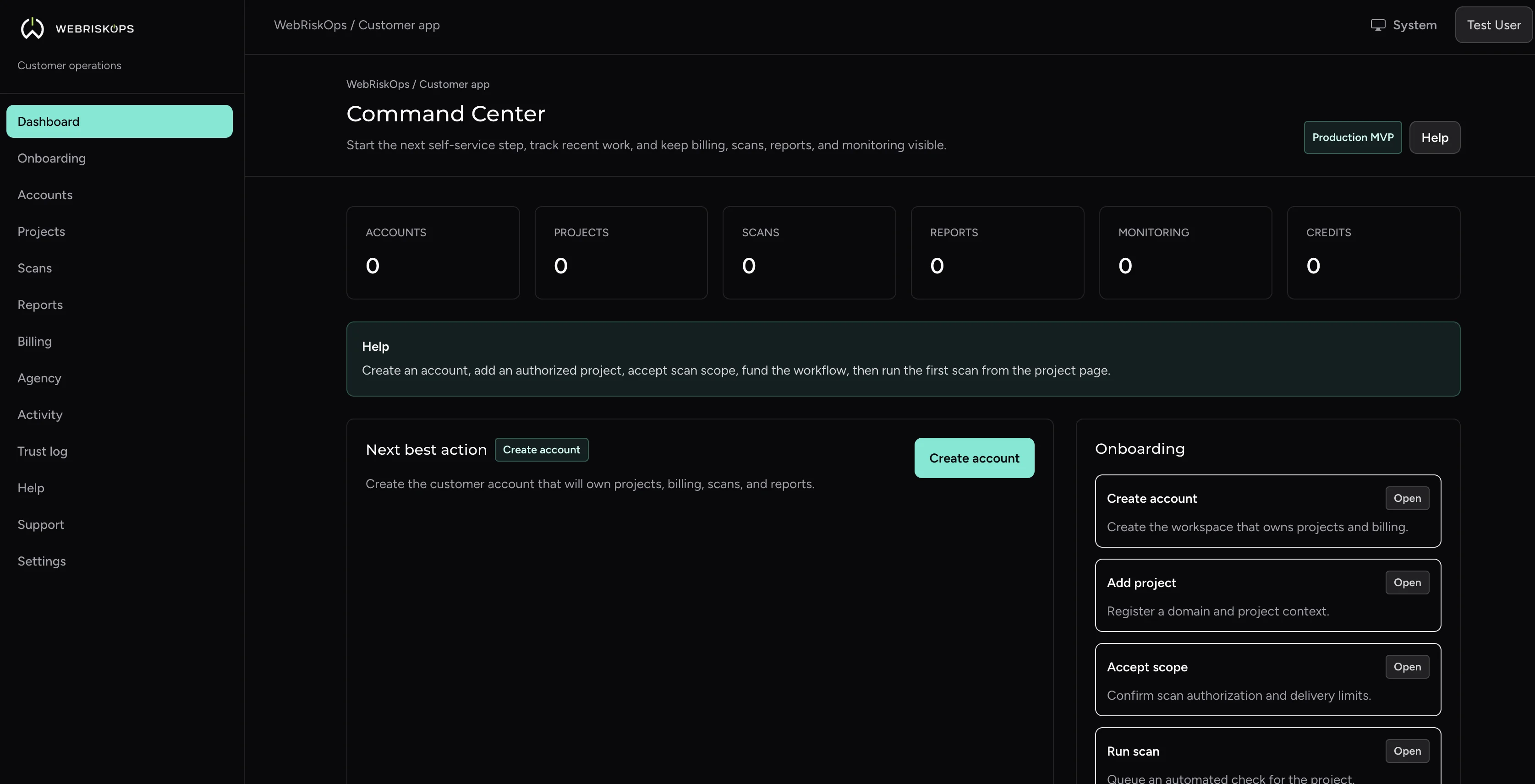 WebRiskOps customer command center dashboard