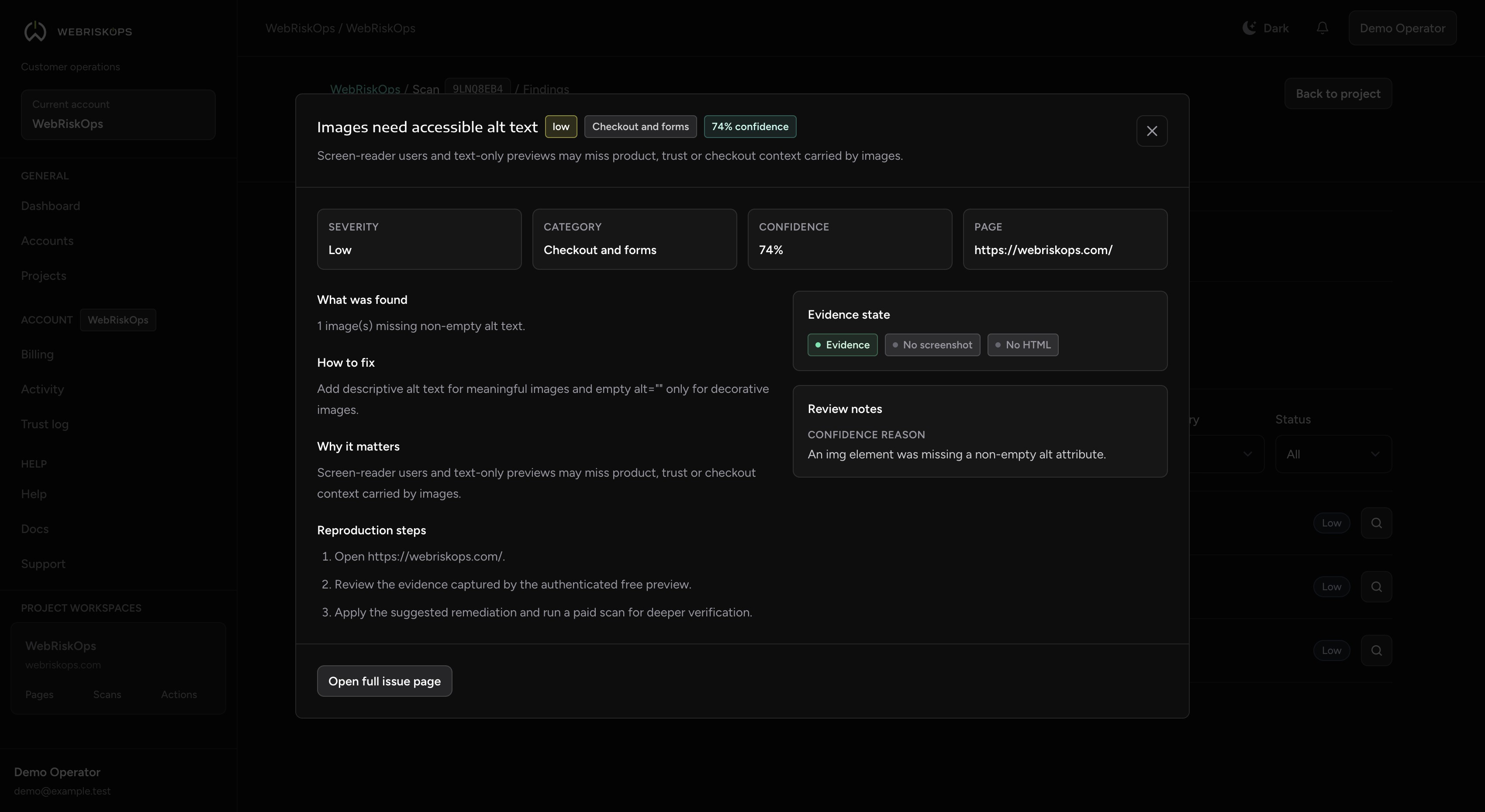WebRiskOps issue detail modal with remediation notes and evidence state