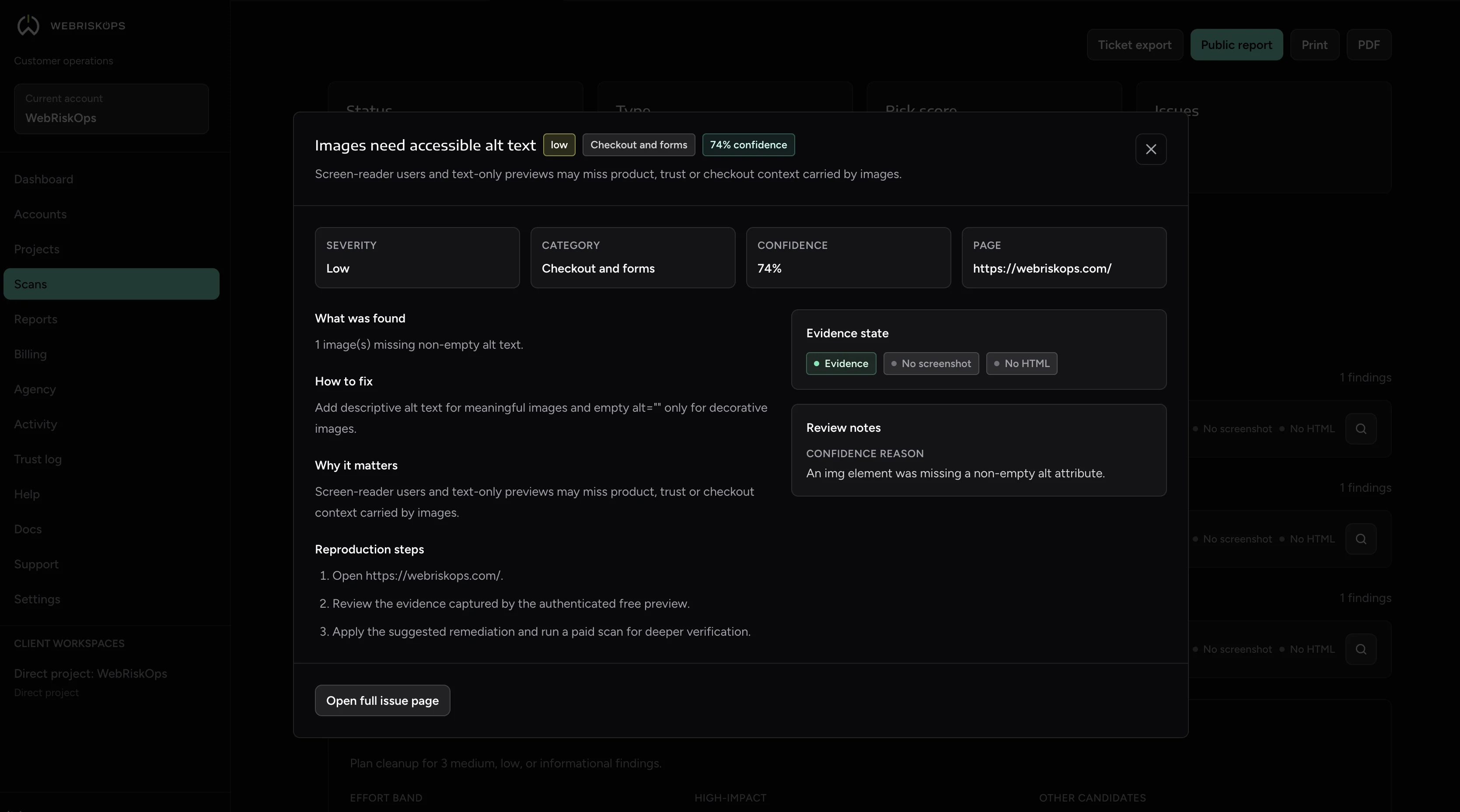 WebRiskOps issue detail modal with remediation notes and evidence state