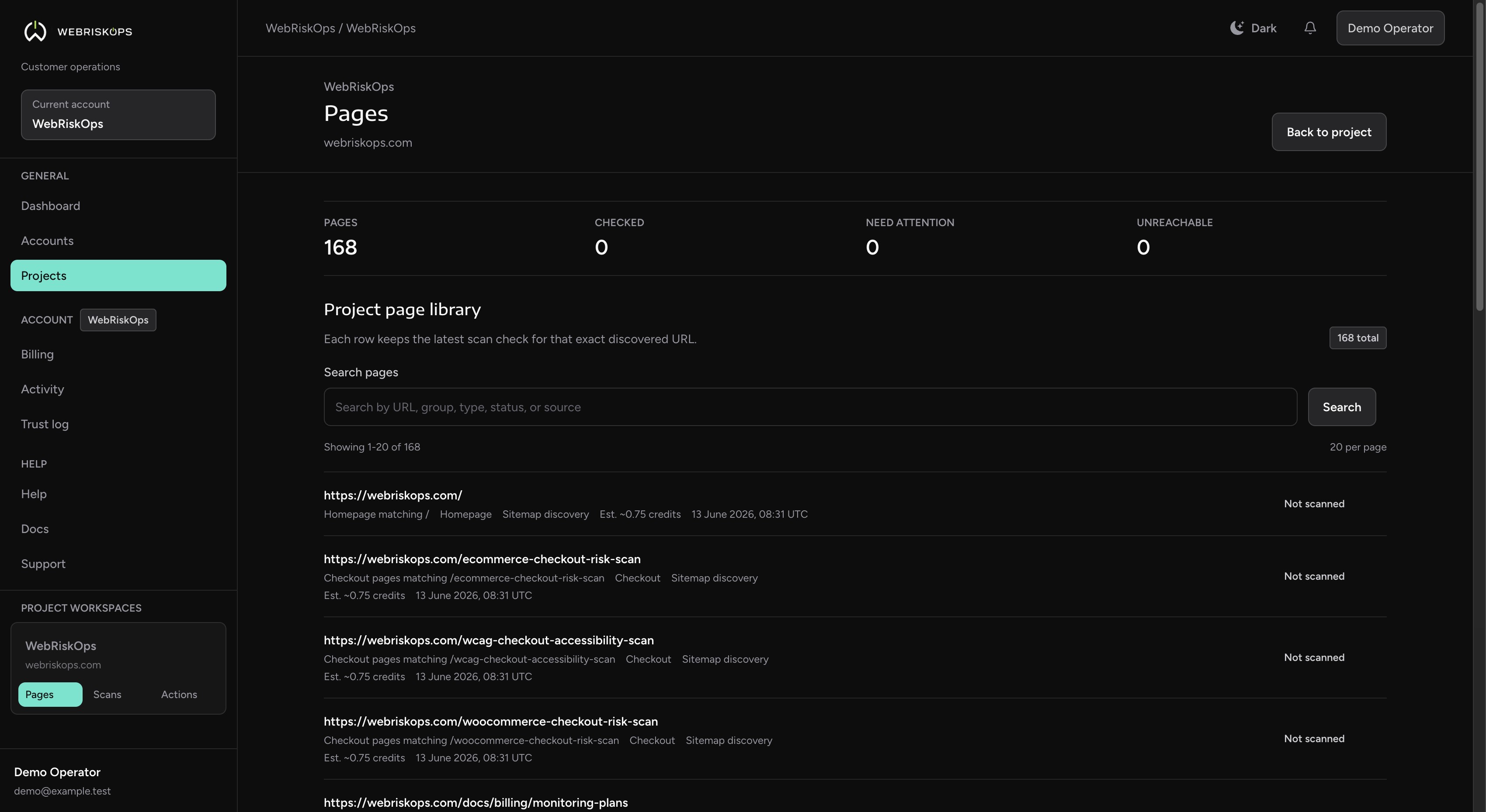 WebRiskOps page library with discovered URLs and issue counters