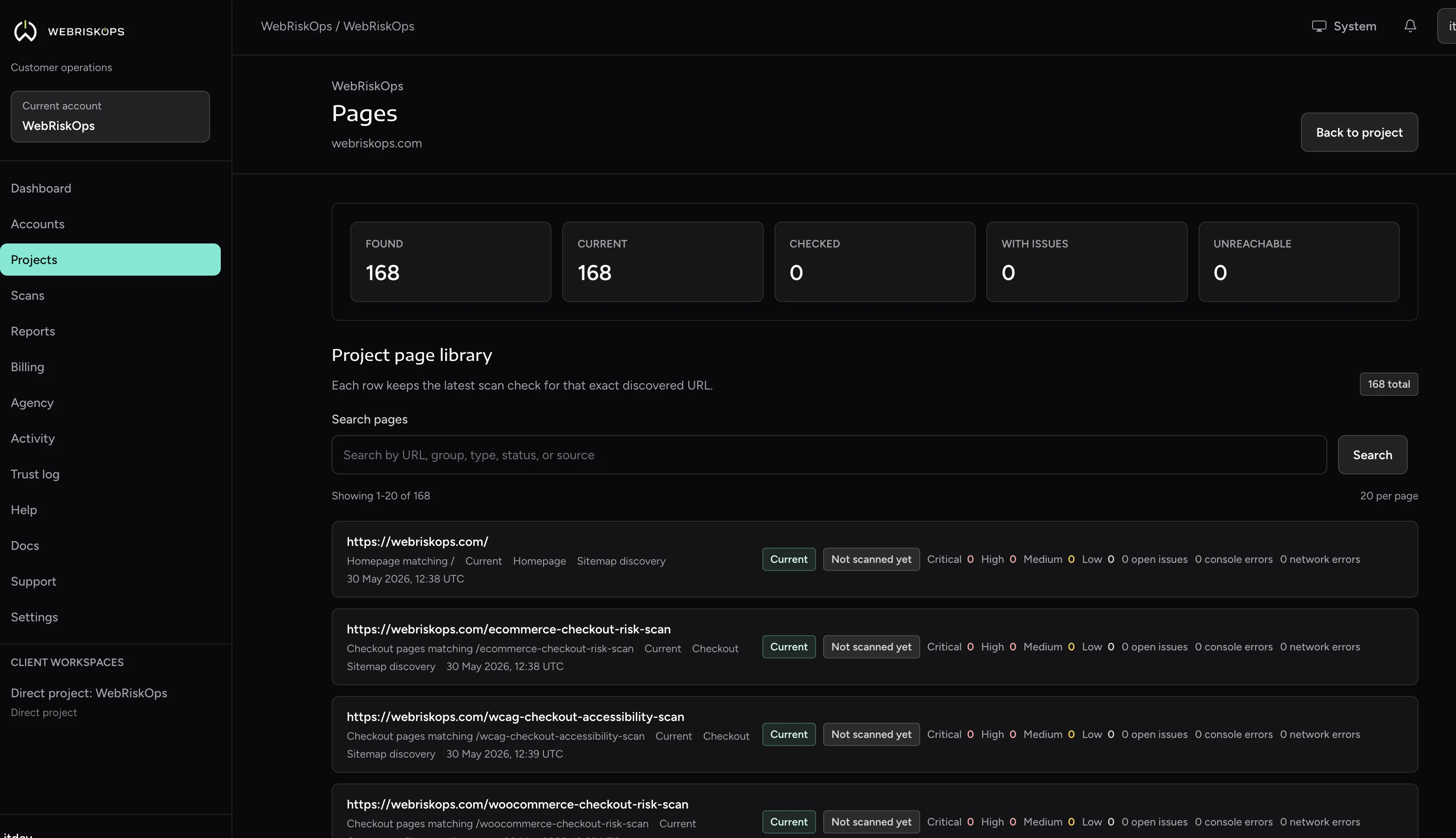 WebRiskOps page library with discovered URLs and issue counters