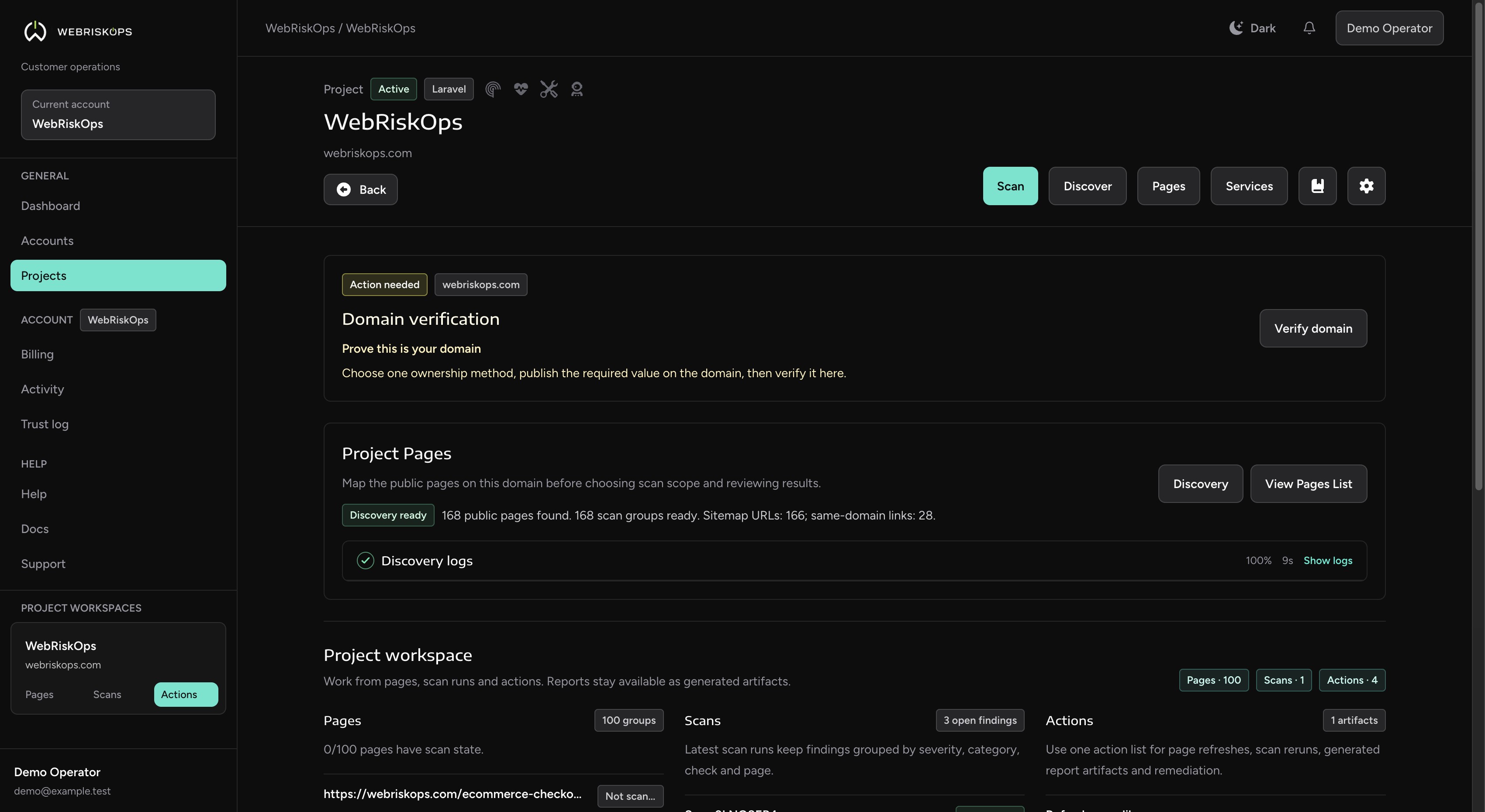 WebRiskOps project page discovery logs and domain verification workflow