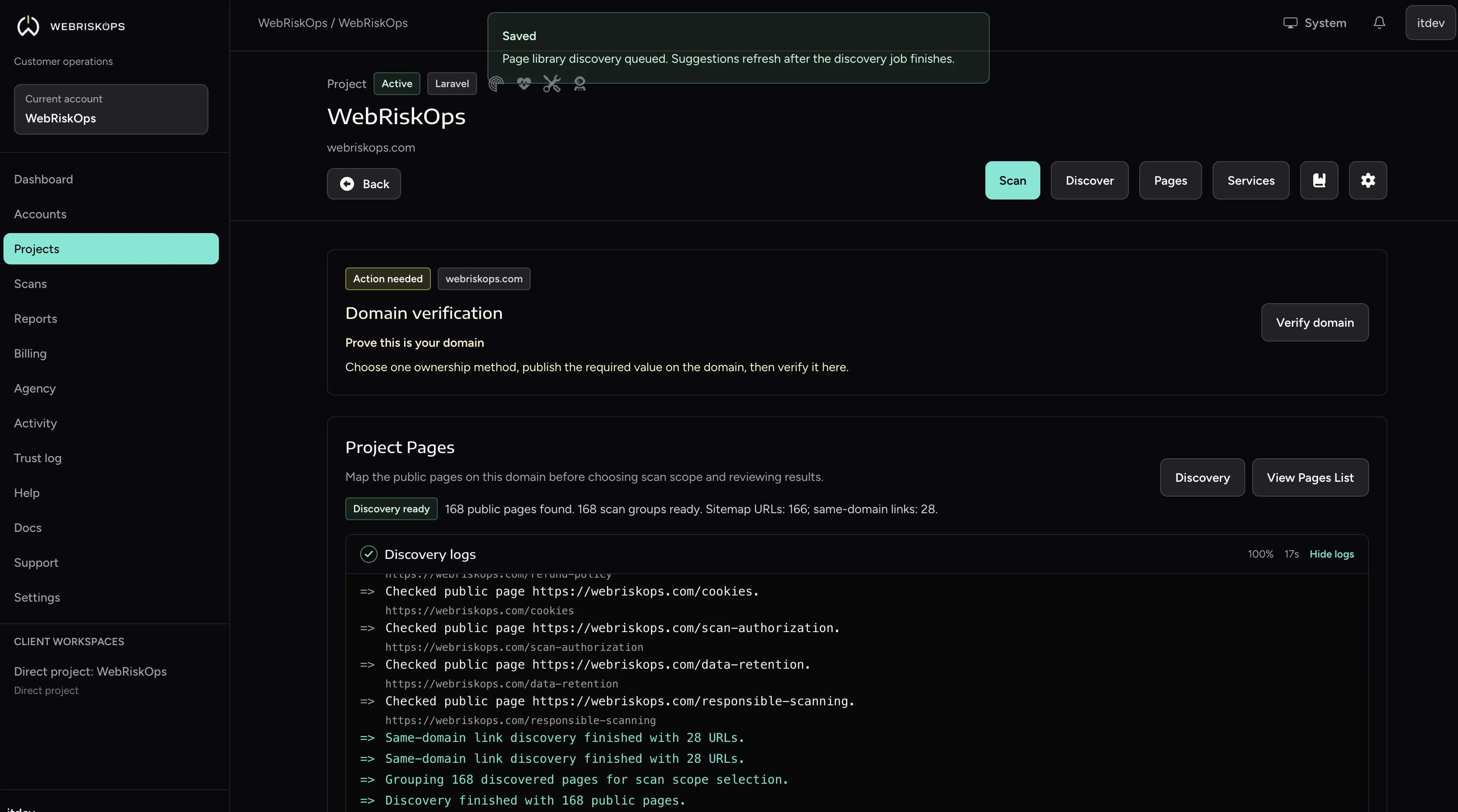 WebRiskOps project page discovery logs and domain verification workflow