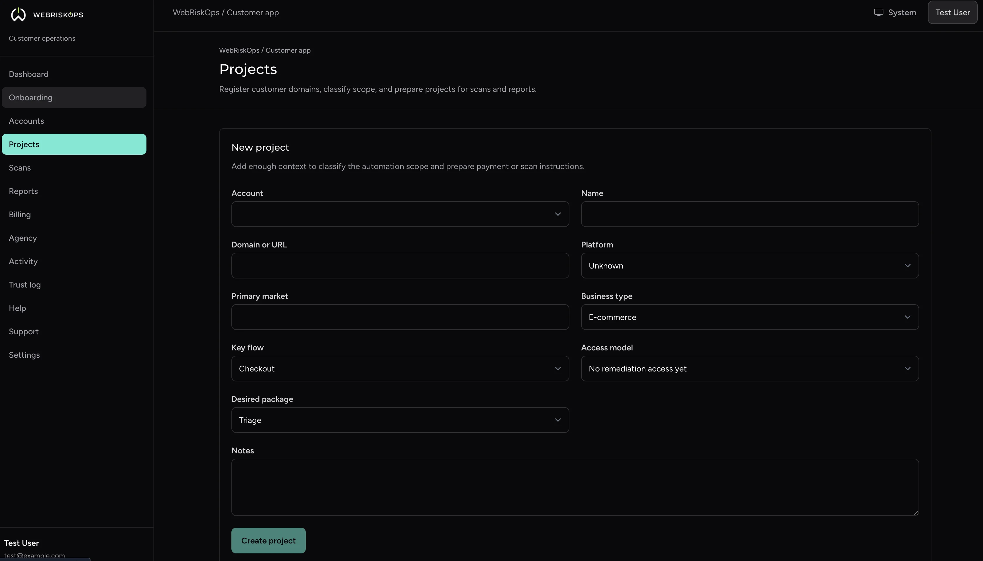WebRiskOps project intake form for domain and scan scope
