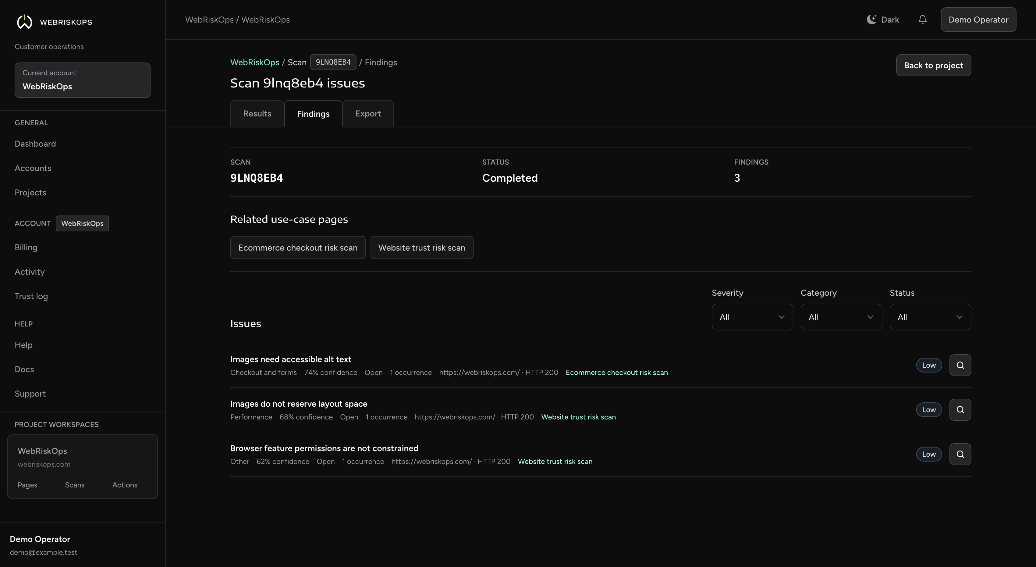 WebRiskOps scan issues view with issue counts and filters