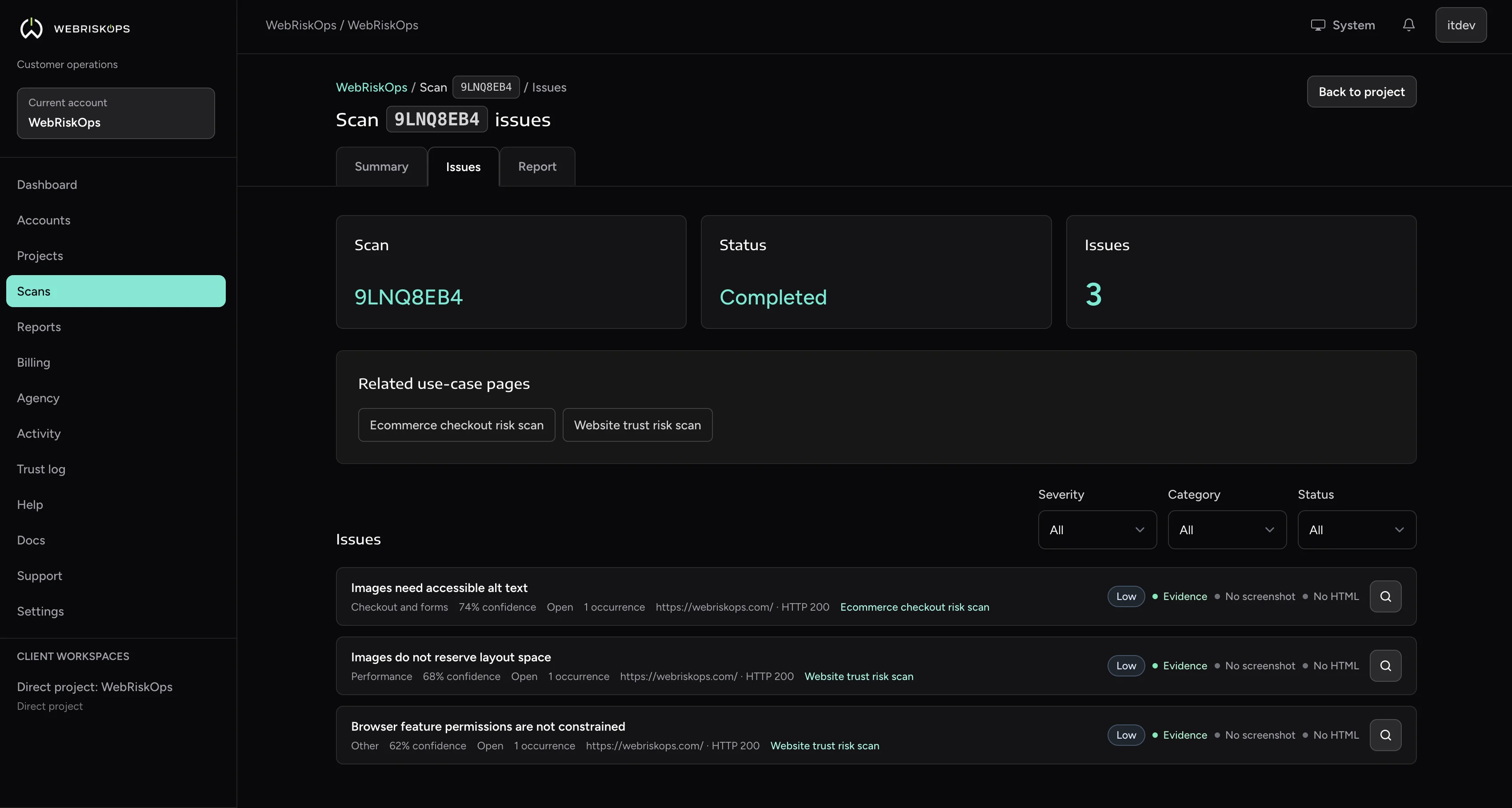 WebRiskOps scan issues view with issue counts and filters