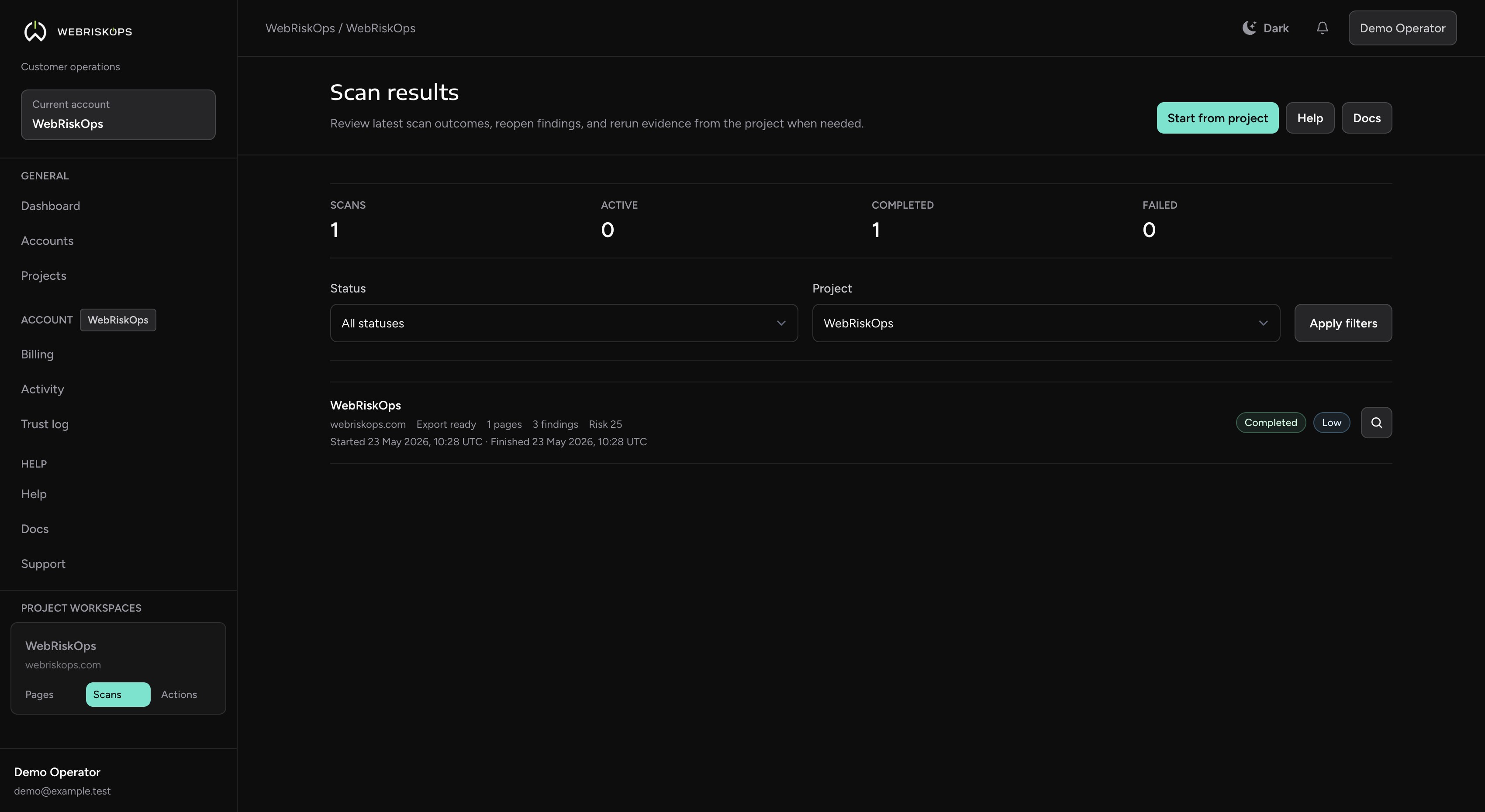 WebRiskOps scan list with completed scan and status filters