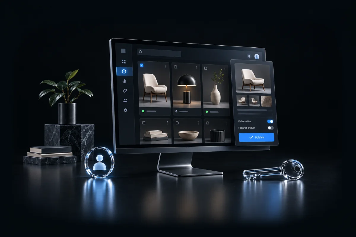 A product management workspace with publishing controls and role-based access.