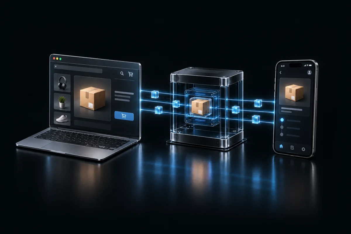 A storefront shares an order through an API gateway with a partner application.