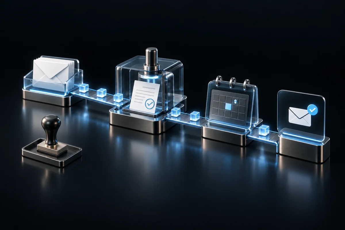 A request progresses through approval, scheduling and notification along one connected workflow.