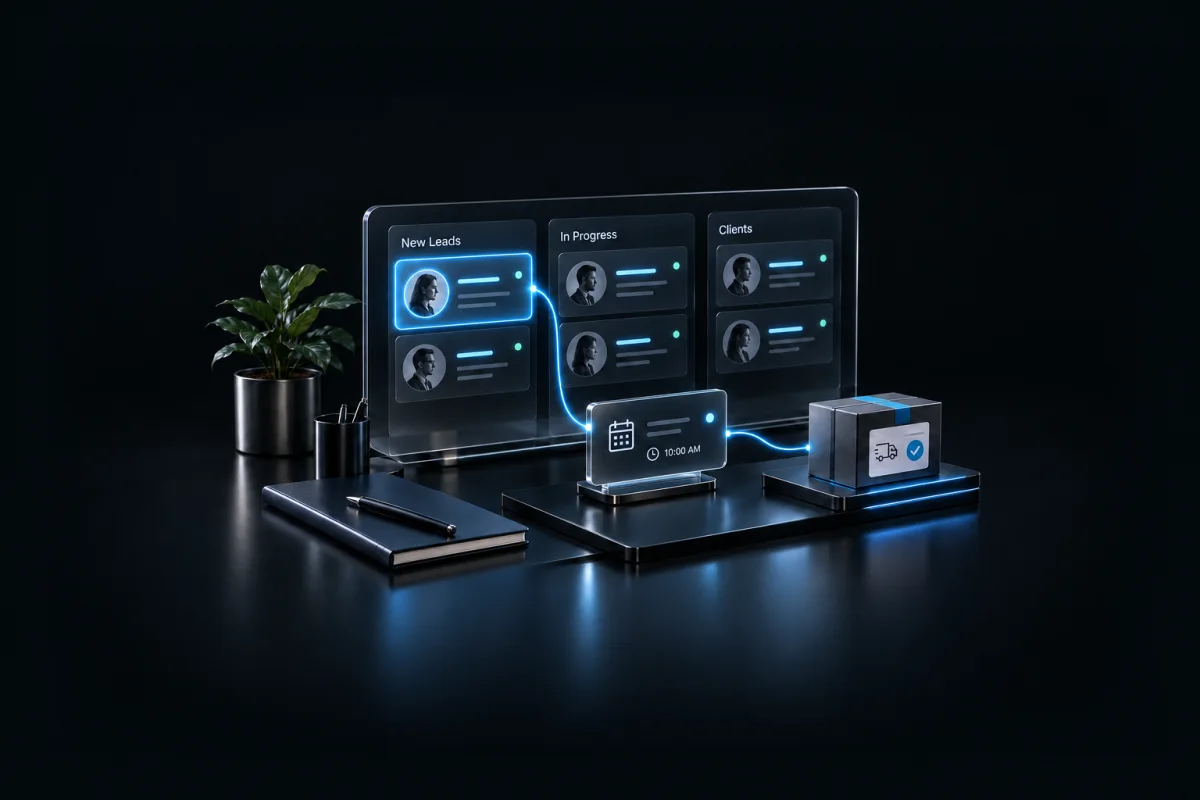 A customer record connects to an appointment and a delivery in a CRM workspace.
