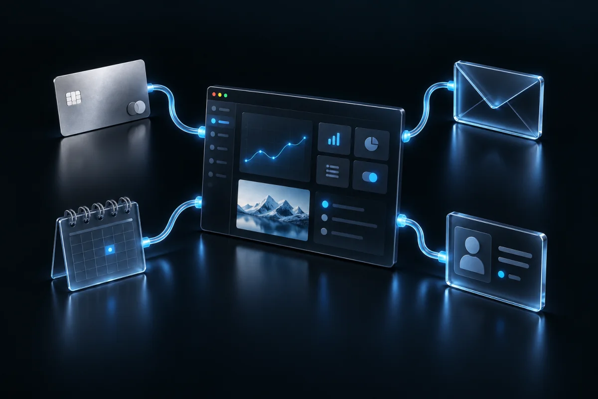 A business application connects to payments, email, calendar and identity services.