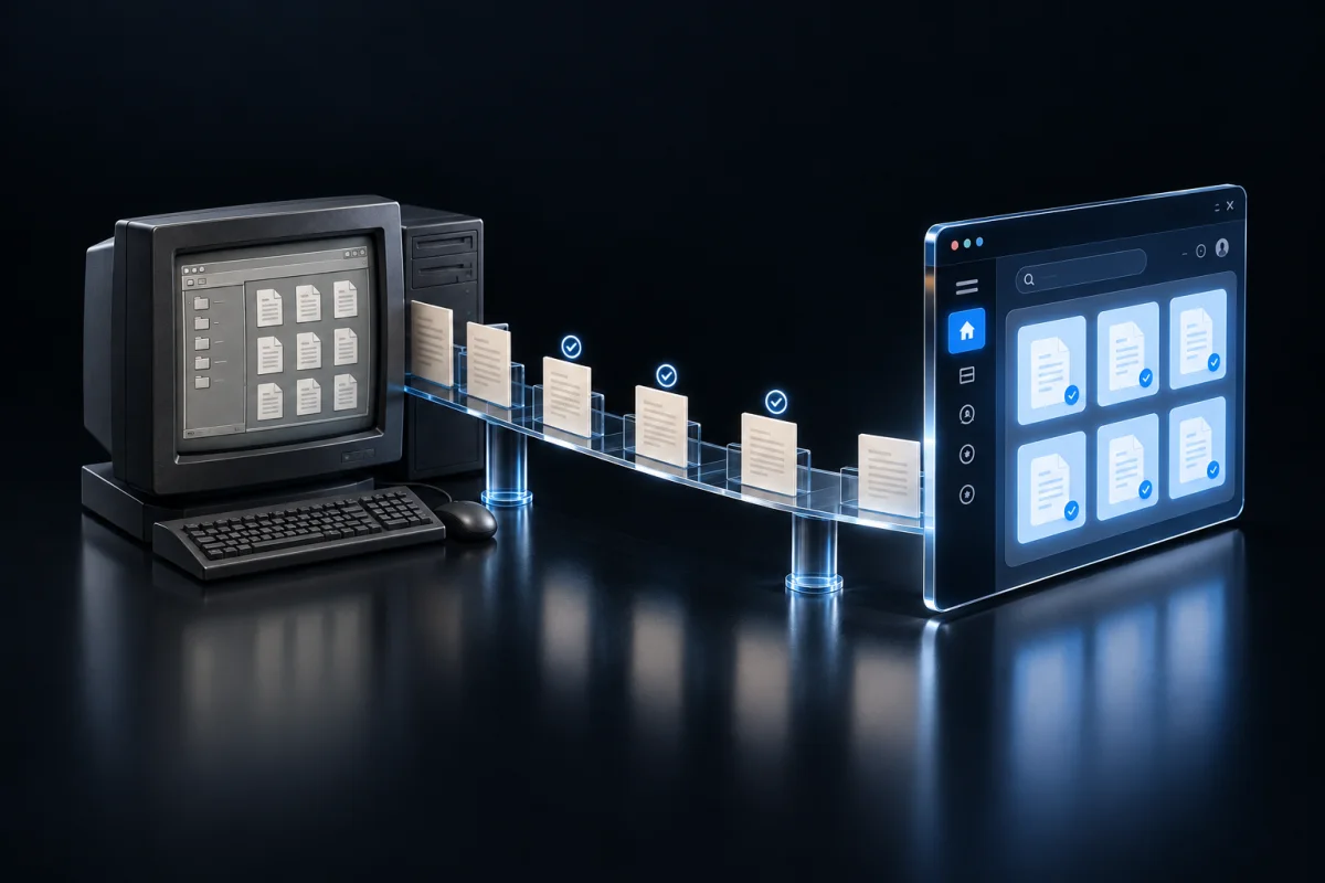 Documents move from an older system to a modern interface through a verified transition.