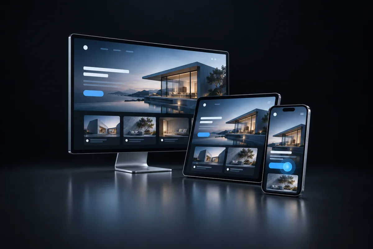 The same website adapts from desktop to tablet and phone.