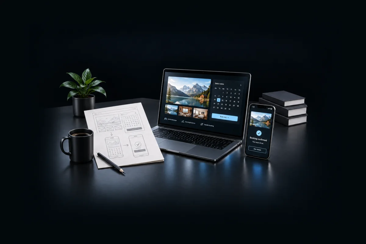 A paper sketch becomes a finished web product and a mobile booking experience.