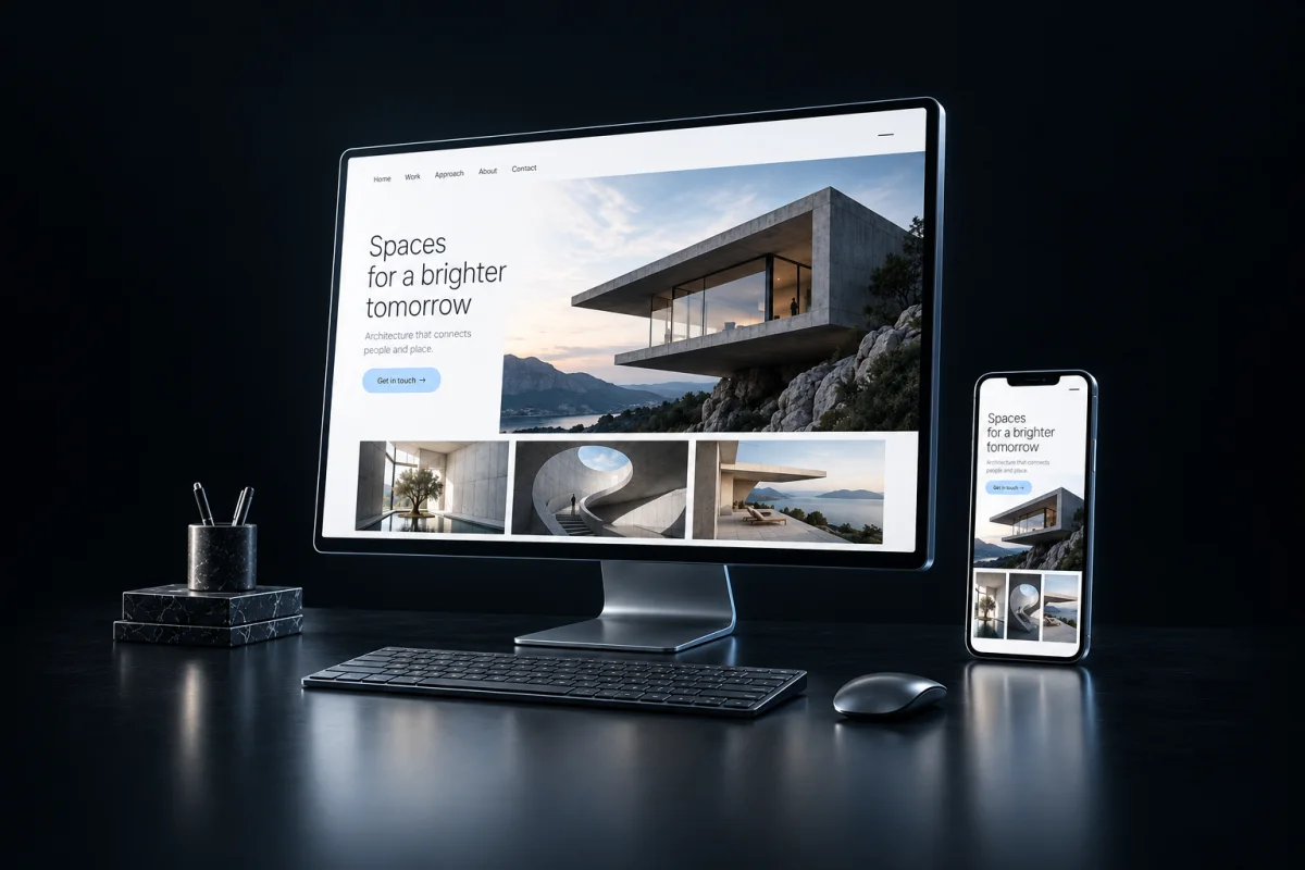 A company website with an architectural portfolio on desktop and phone.