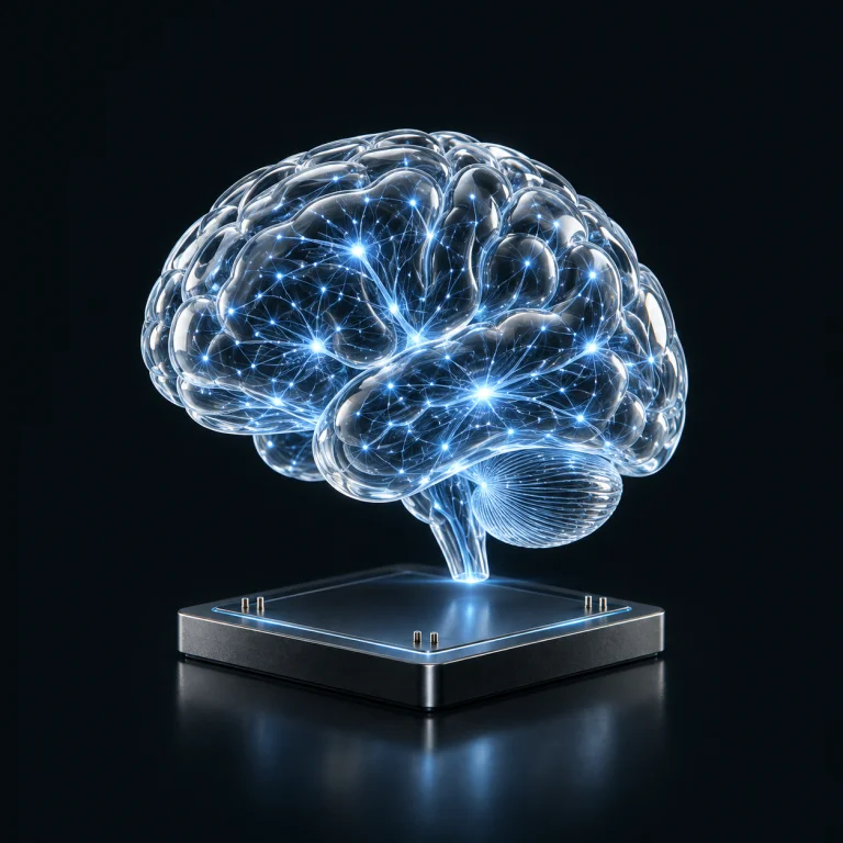 A luminous glass brain above a processor represents the AI assistant